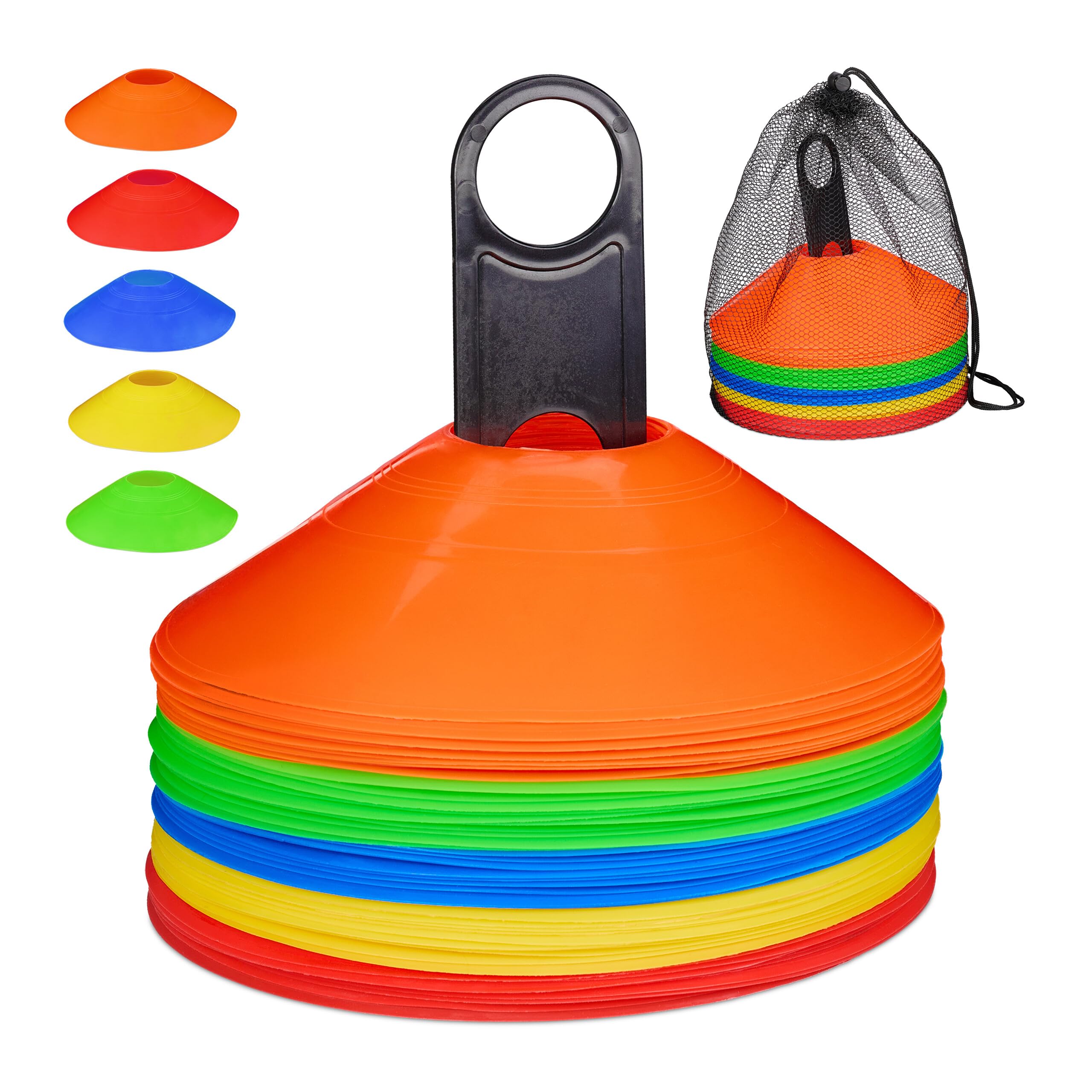 Relaxdays Plot de Sport, Lot de 50, 5 Couleurs, avec Support et Sac, en Plastique PE, H x D : 5 x 19 cm, coloré