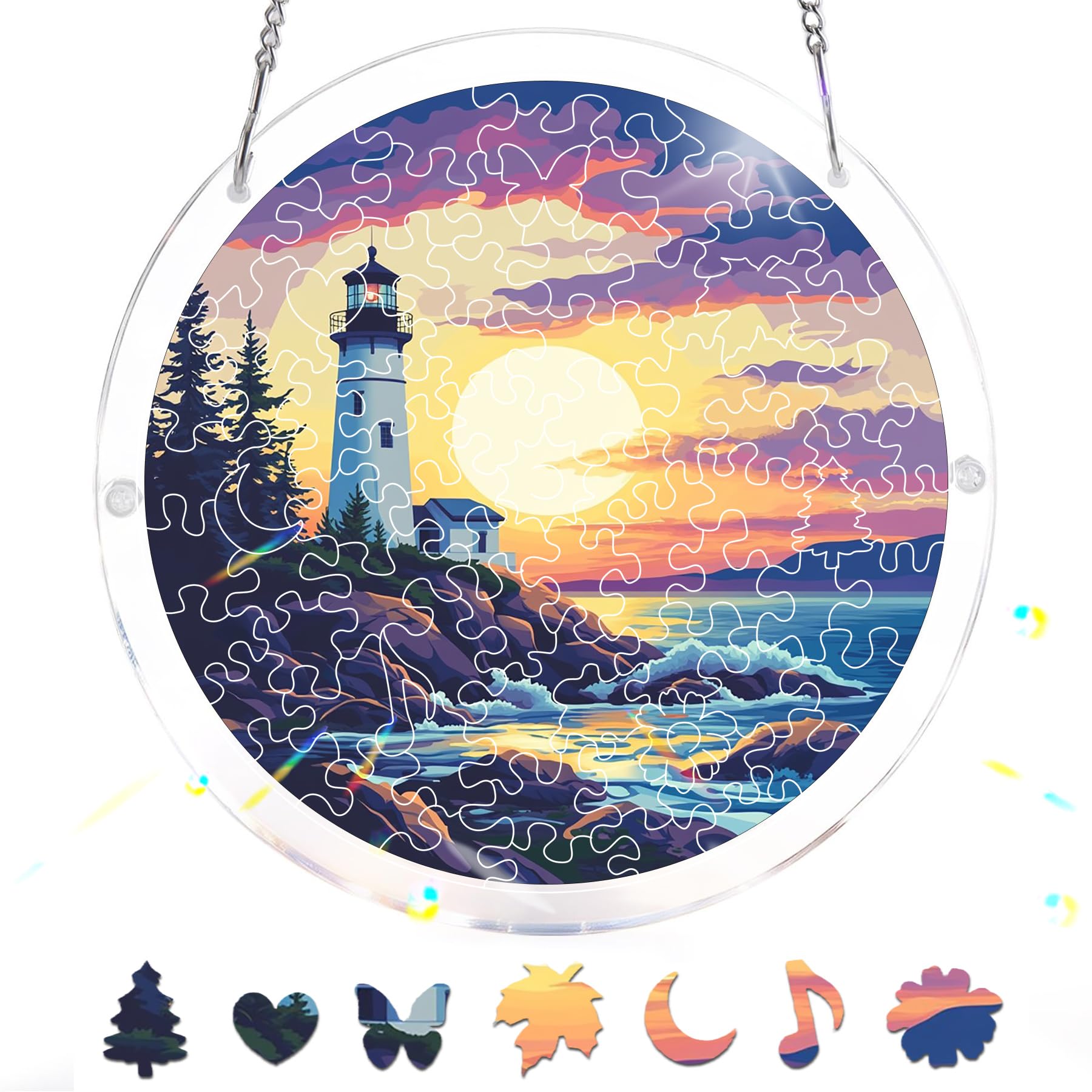 Reofrey Acrylic Puzzle Suncatcher for Adults, 83 Piece Stained Glass DIY Jigsaw Puzzle, Double-Sided Acrylic Window Hanging Decor with Chain, Gift for Mom, Home Garden Decoration, 18cm A098