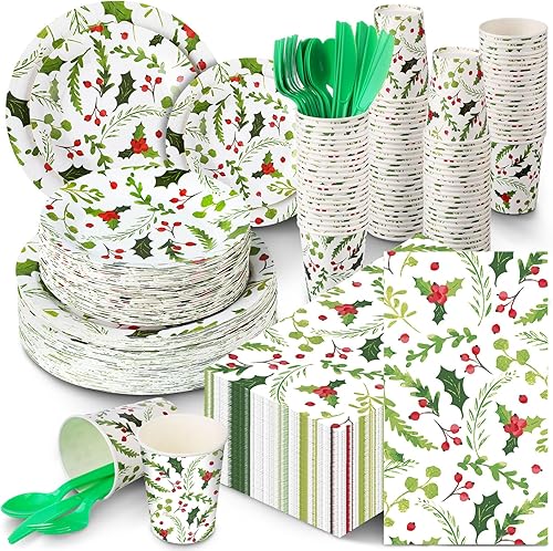Suttmin Juego de 400 piezas de suministros desechables de Navidad de bayas de acebo, 50 platos llanos de 9 pulgadas, platos de postre de 7 pulgadas,