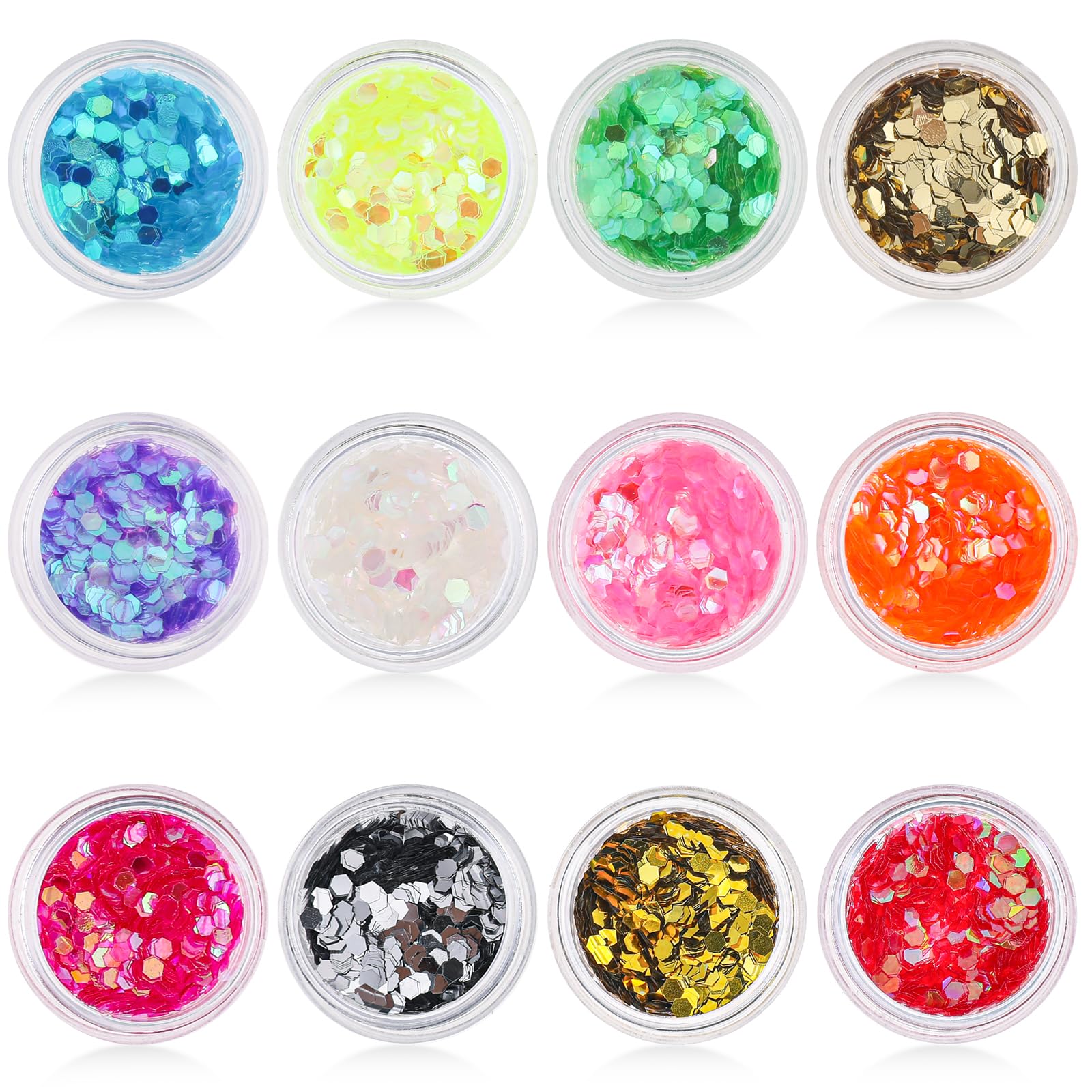 Holographic Chunky Glitter 12 Assorted Colors 3mm Holographic Extra Chunky Glitter for Craft Cosmetic Face Eye Hair Body Glitter Cosmetic Craft Set for Nail, Slime, Wedding Festival Party Decoration