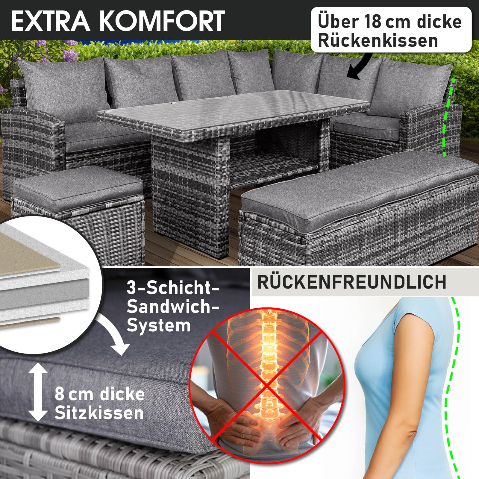 BRAST Gartenmöbel Set Eco | bis zu 9 Personen viele Farben | inkl. extra Dicke Kissen | TÜV geprüft | Outdoor Loungemöbel Sitzgruppe Essgruppe Garnitur | Grau/Anthrazit