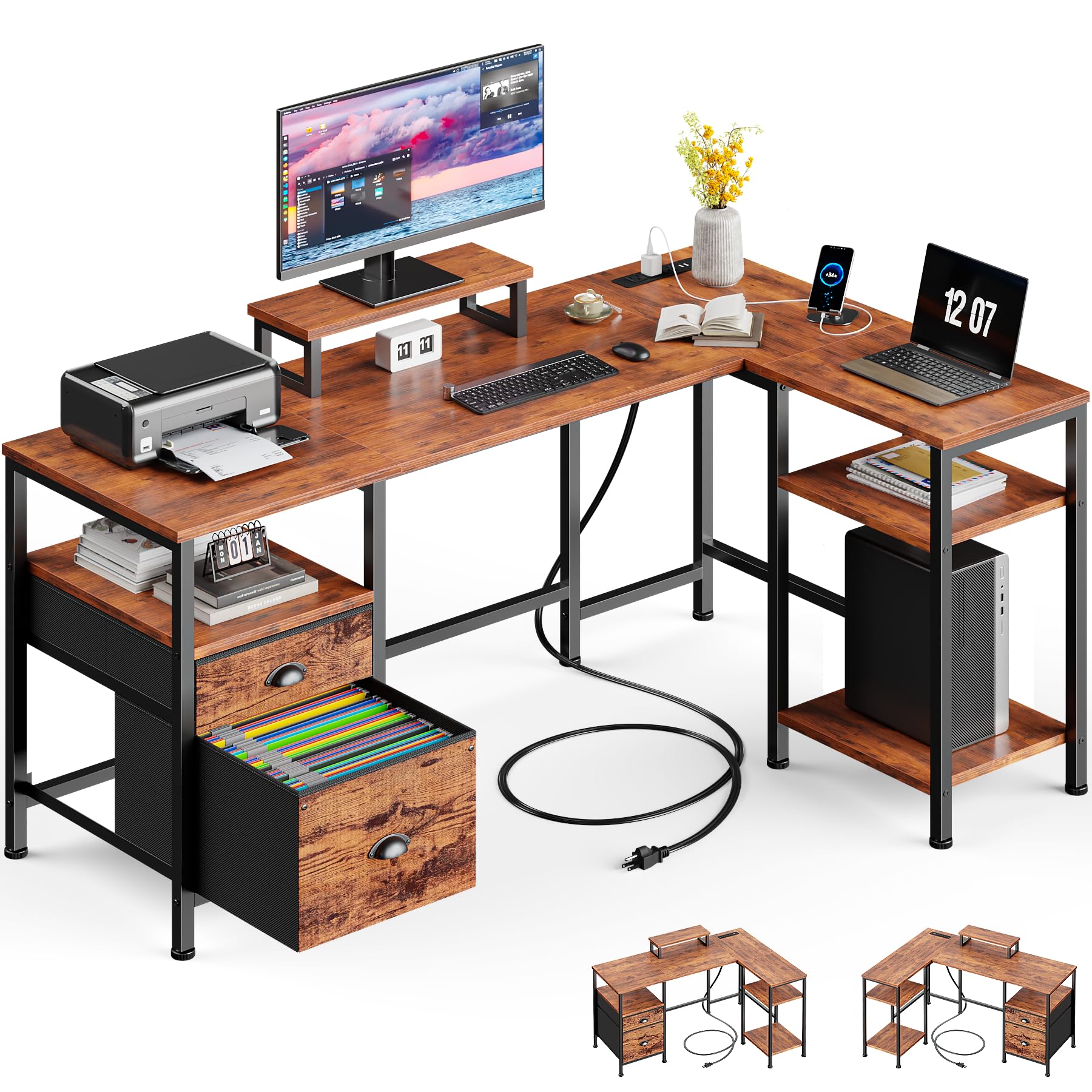 Furologee L Shaped Computer Desk with Power Outlet, Reversible Home Office Desk for Work Study, 50 Inch Corner Gaming Table with File Drawer, Monitor Stand, Storage Shelves, Rustic Brown