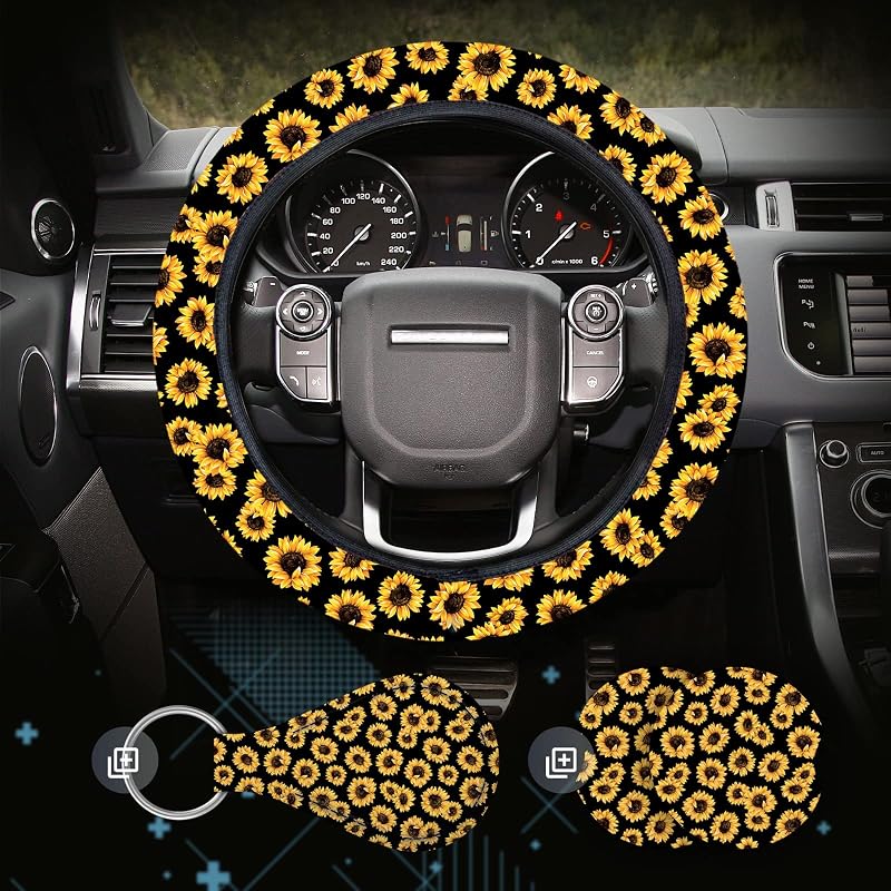 Kit de acessórios automotivos com capa para volante estampada de girassol, chaveiro e porta-copos Zadin