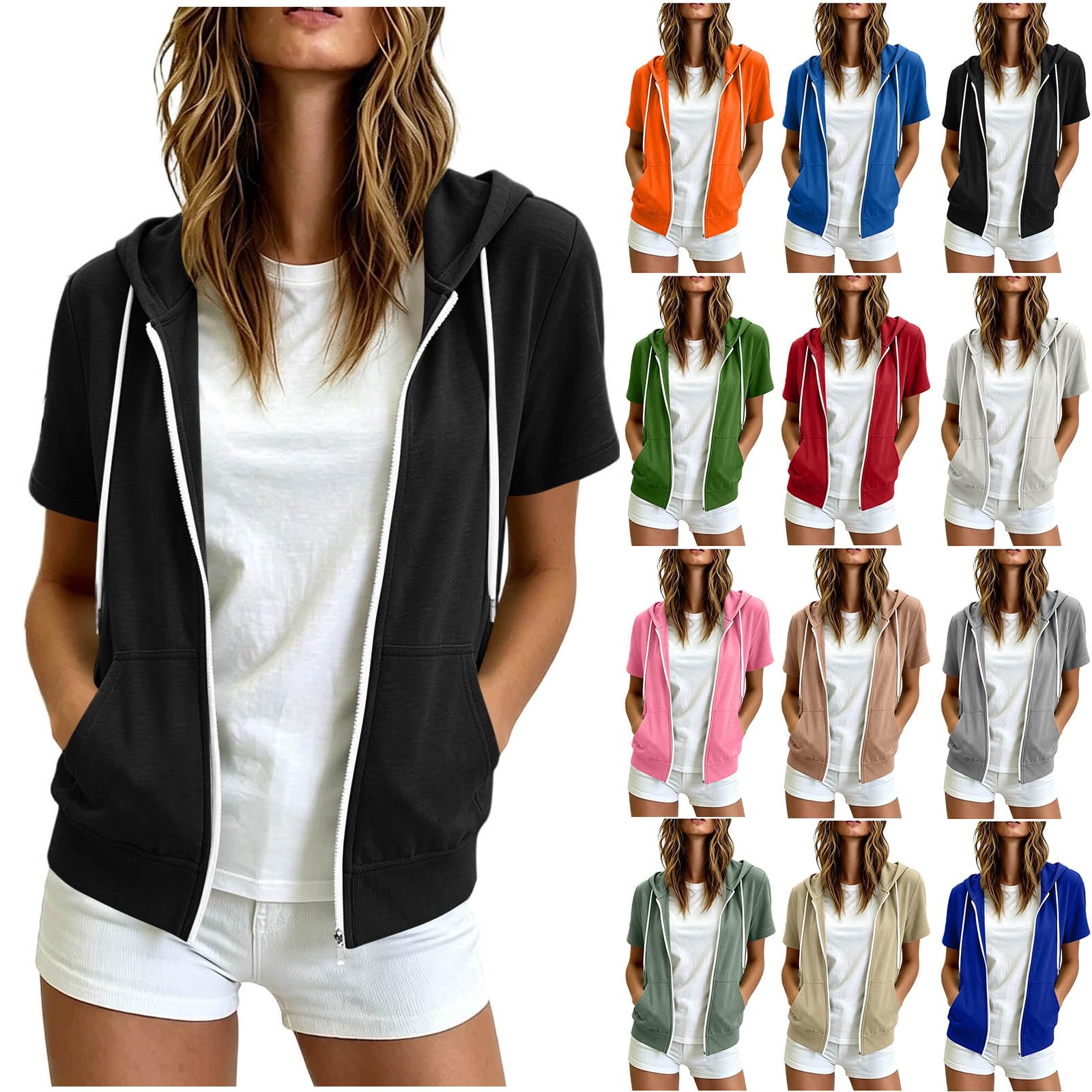 RLEHJN Sweatjacke Damen mit Kapuze,Kurzarm Zipper Hoodie Sportjacke Kapuzenpullover Sweatshirt Casual Sommerjacke Basic Sport Kapuzenjacke Jogging Jacke Hoodiejacken mit Taschen