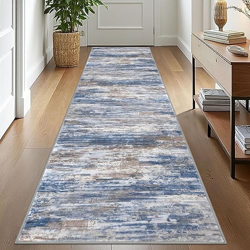 KOZYFLY Alfombra moderna abstracta lavable de 2.6 x 10 pies, antideslizante, suave, alfombra de camino de cocina, alfombra a rayas azules óxido para