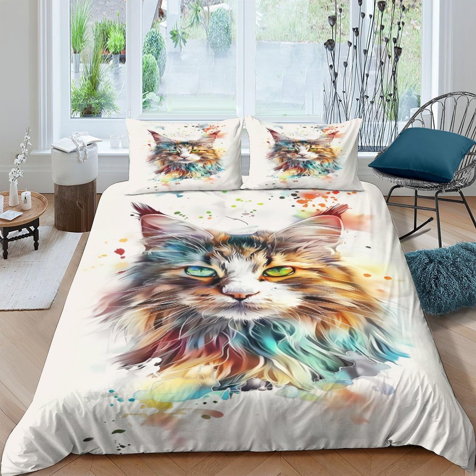 Ctjqhvkz Style-2 3D Printed Watercolor Cat Fitted Sheet Microfiber Soft Anti-Slip Artistic Cat Bed Cover For Bedroom Dorm Mattress Decor Single（135X200cm）
