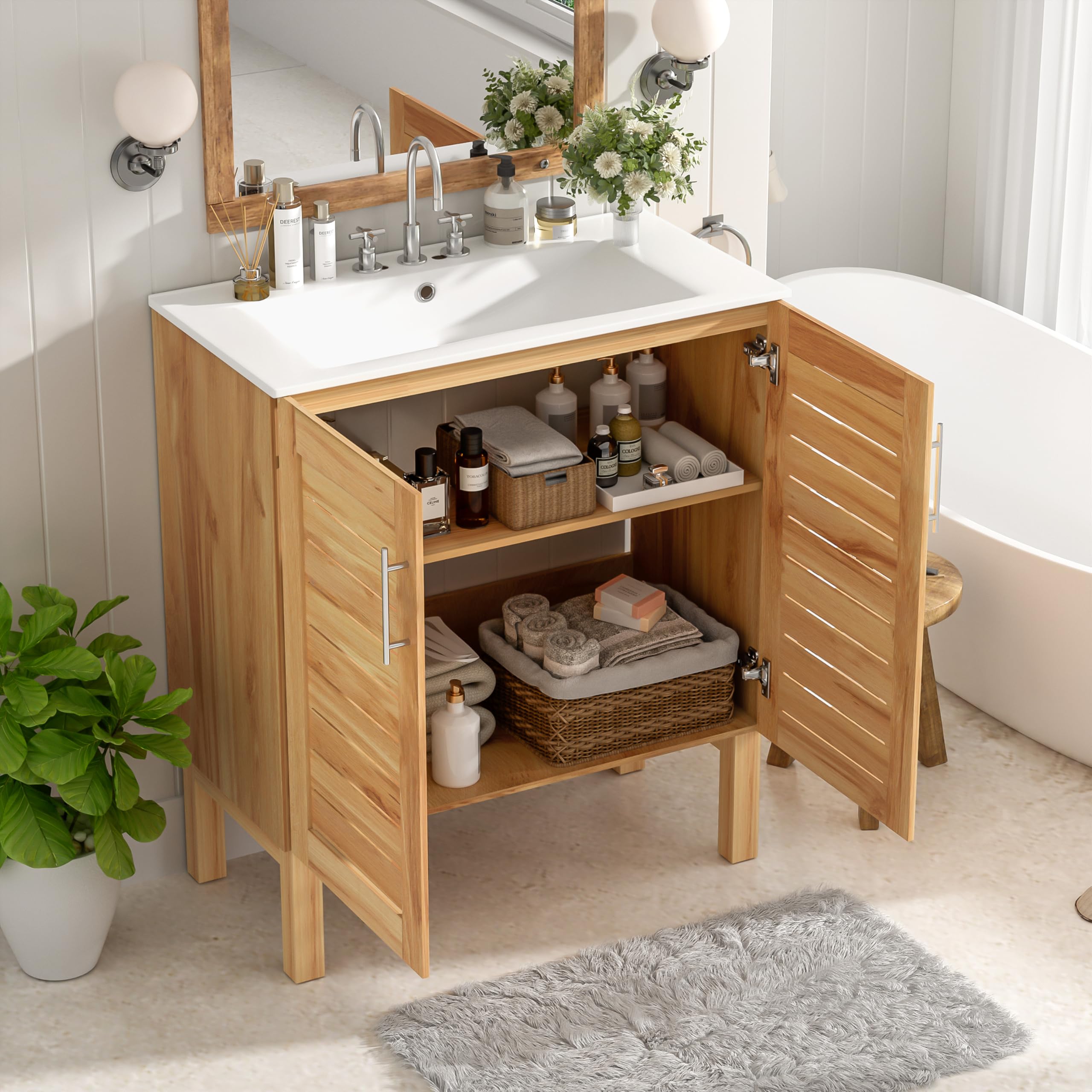 30-inch Antique Bathroom Vanity With Ceramic Sink - Mid-Century Modern Cabinet With Soft-Close Doors In Natural Brown