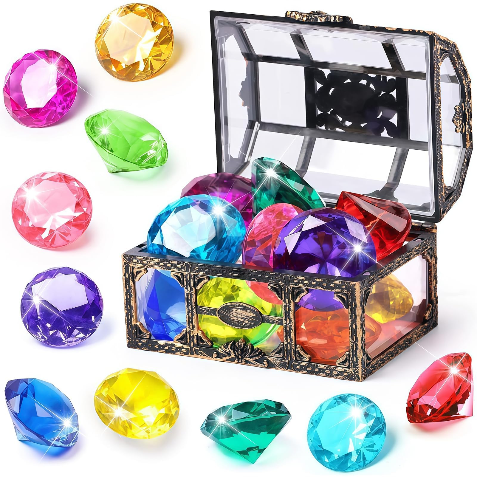 ZappelStift Diving Gem Pool Toy Set - Big Colorful Diamond Diving Toy with Treasure Box Chest Pirate Pool Toys for Kids Toddlers Underwater Sinking Dive Gemstone