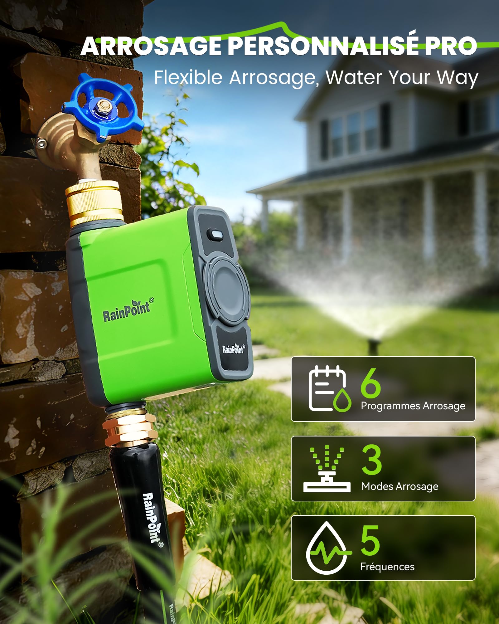 RAINPOINT Programmateur Arrosage WiFi sans Passerelle d'antenne, Doit être utilisé avec la passerelle HWG023/HWG040, Seulement 2,4 GHz, Étanche IP65 Minuteur Arrosage, Entrée et Sortie en Laiton