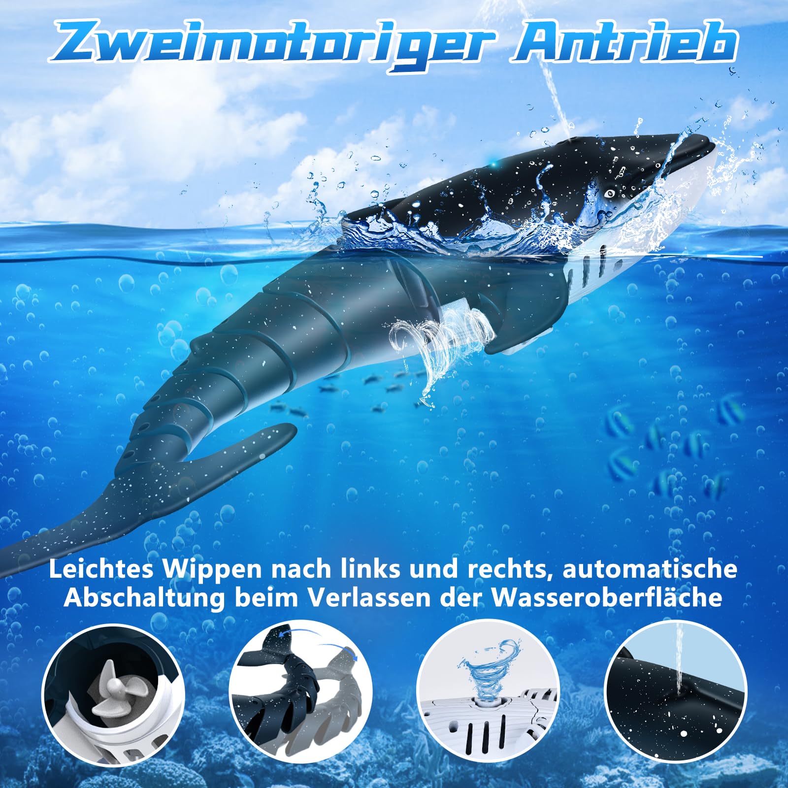 IEEILULU Ferngesteuertes Wal Wasserspielzeug, 2.4GHz Ferngesteuertes Wal Spielzeug mit Wassersprüheffekt, Wasserdichter Fernbedienung, Elektrische Simulation Spielzeug Geschenk für 6+ Kinder (Blau)