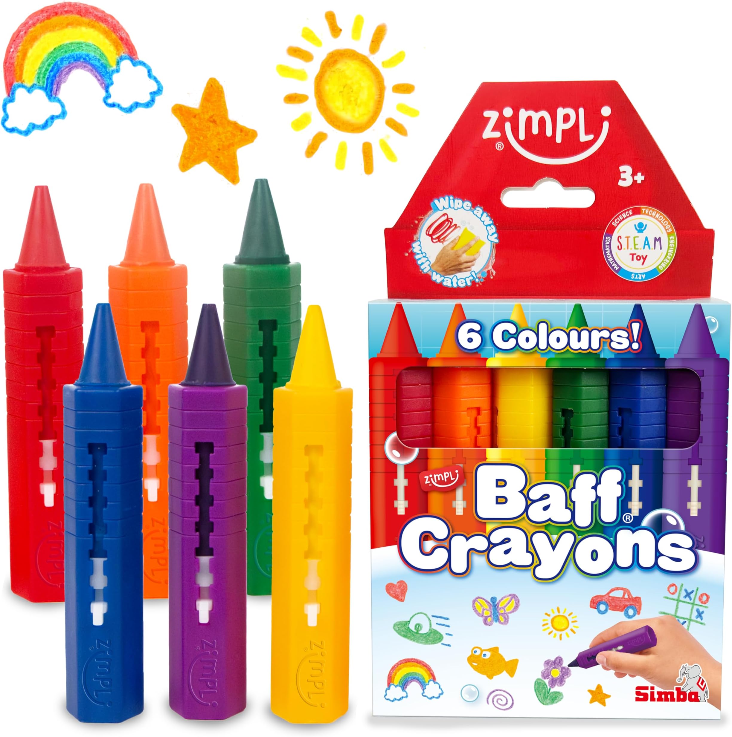 ZIMPLI - 6 Large Bath Crayons, Washable Colourful Kids Bath Pens, Creative Mess-Free Shower Toy, Wipe Clean Bath Fun, Paint Sticks for the Tub, Arts & Crafts