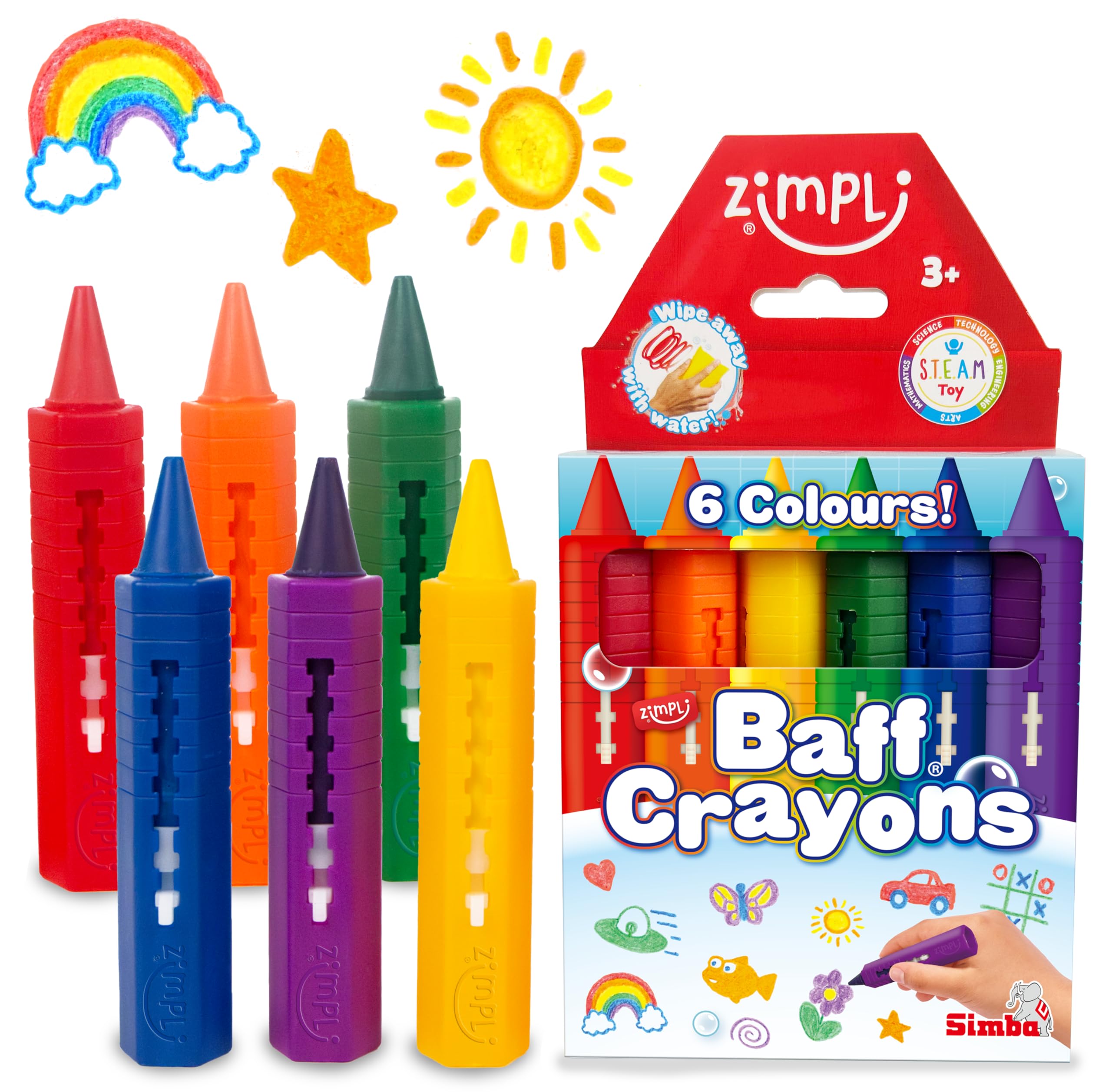 ZIMPLI - 6 Large Bath Crayons, Washable Colourful Kids Bath Pens, Creative Mess-Free Shower Toy, Wipe Clean Bath Fun, Paint Sticks for the Tub, Arts & Crafts