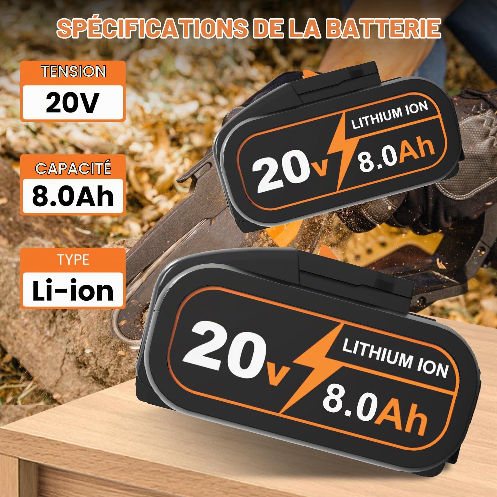 8,0 Ah 20V WA3525 Batterie de Rechange pour Worx, pour Outils électriques sans Fil pour Worx WA3572 WA3525 WA3760 WA3881 WX390 WX176 WX178 WU268 WX166.4 WX372.1 WX800 WG259E