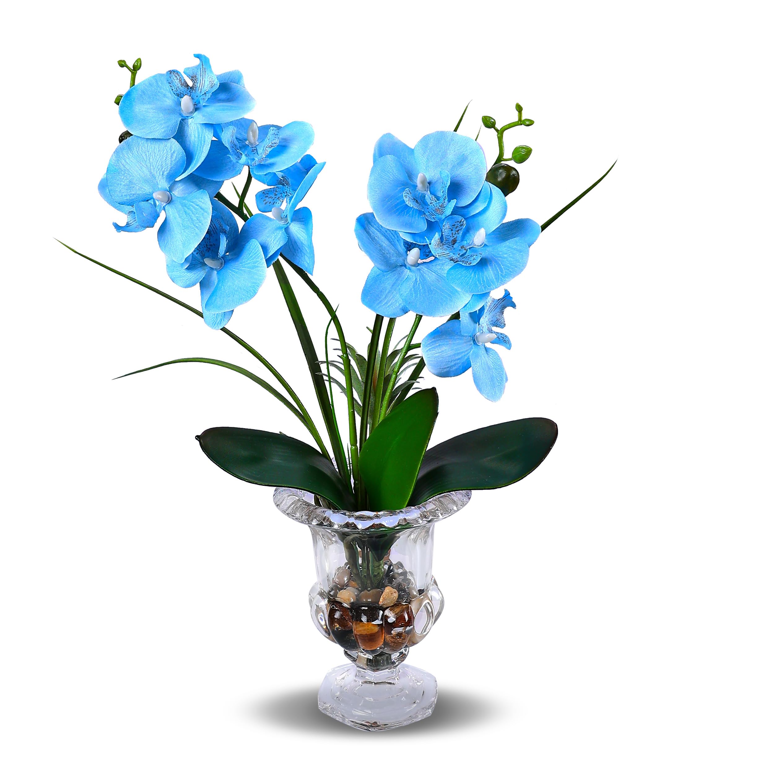 Alyphyly Artificial Flower Bonsai with Wine Glass Vase Vivid Orchid Flowers Arrangement Phalaenopsis Flowers Pot for Home Office Décor Table Centerpiece House Decorations(Glass Vase/Blue Orchid)