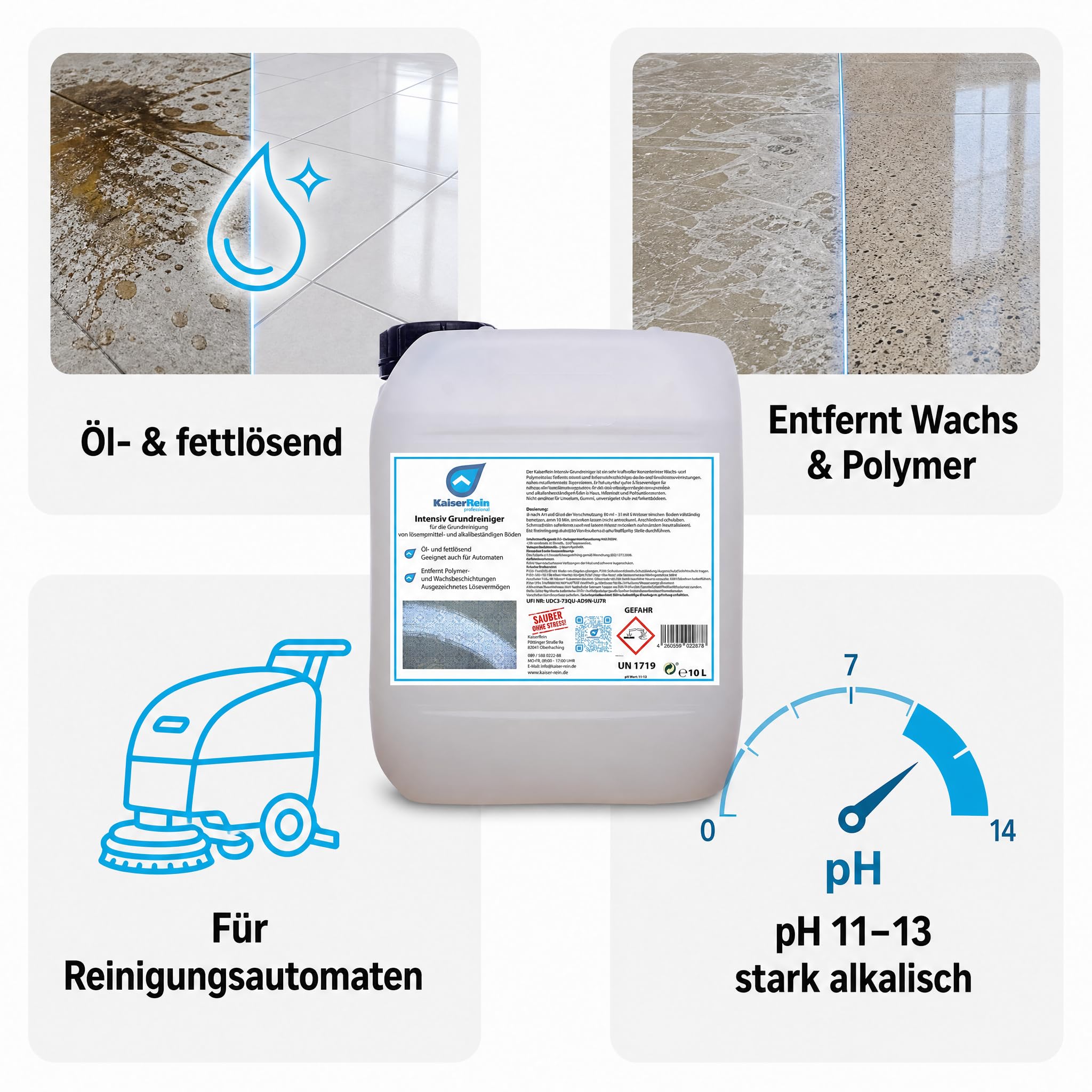 KaiserRein Grundreiniger Intensiv-Bodenreiniger Konzentrat, 10 L Kanister, entfernt Wachs/Polymer, öl- und fettlösend, für Fliesen, Stein, Laminat, Reinigungsautomaten, alkalischer Reiniger