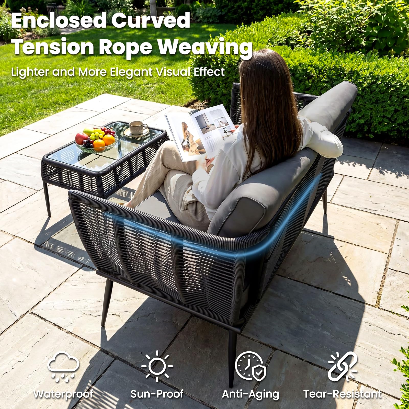 LIFERUN Sofá de ratán de 2 plazas, muebles de balcón, color negro, sofá, pequeño balcón, jardín de invierno, terraza, muebles de exterior e interior, banco de jardín resistente a la intemperie, banco