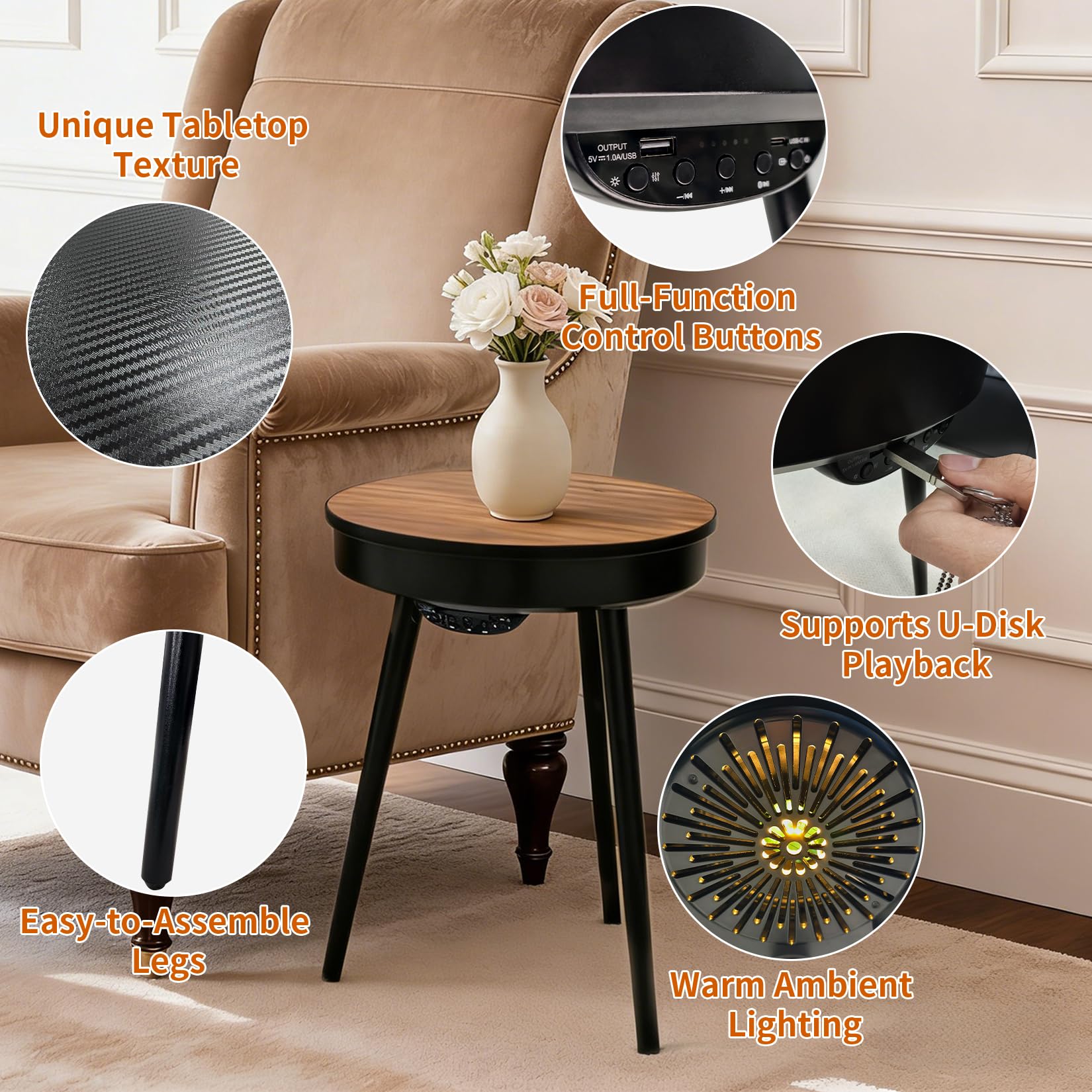 FATIVO Tavolino Basso con Bluetooth Speaker per Soggiorno: Comodino Piccolo camera da letto Rotondo Tavolino Caffè in Legno da Salotto con Porta USB, 40x40x57 cm