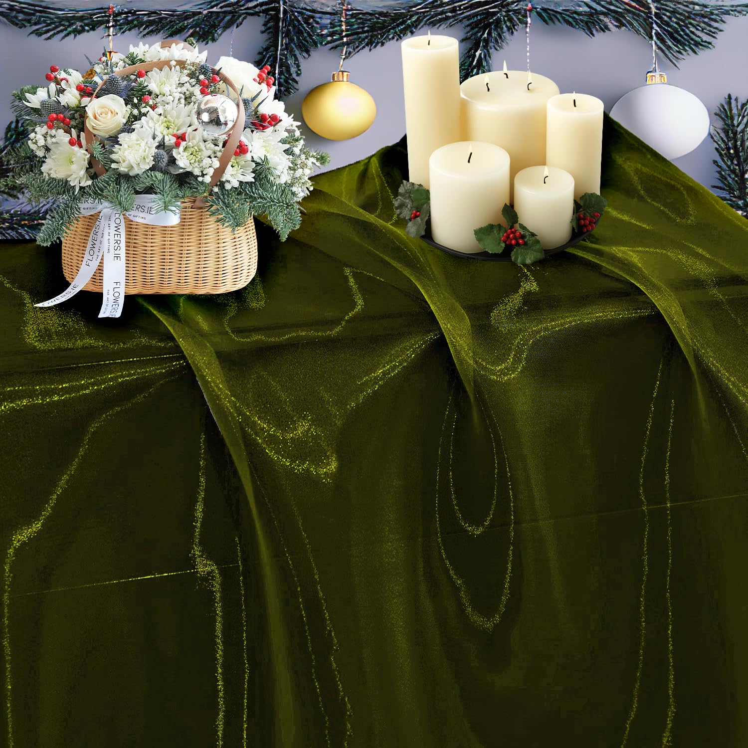 MDS Christmas Organza Fabric 85 Yards, 44" Wide, Sheer Shimmer Crystal Tulle Cloth for New Year Party Decor, Thanksgiving, Gift Wrapping, Crafts DIY Sewing, Backdrop, Wedding Drapes - Olive Green