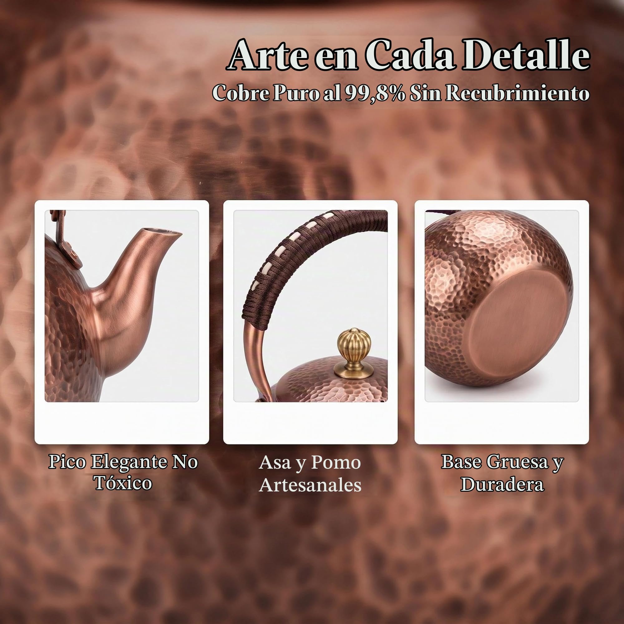 Hervidor de té de cobre martillado hecho a mano para la parte superior de la estufa, 1.6 cuartos de galón (1500 ml), tetera extragruesa con diseño sin revestimiento no tóxico, artesanía