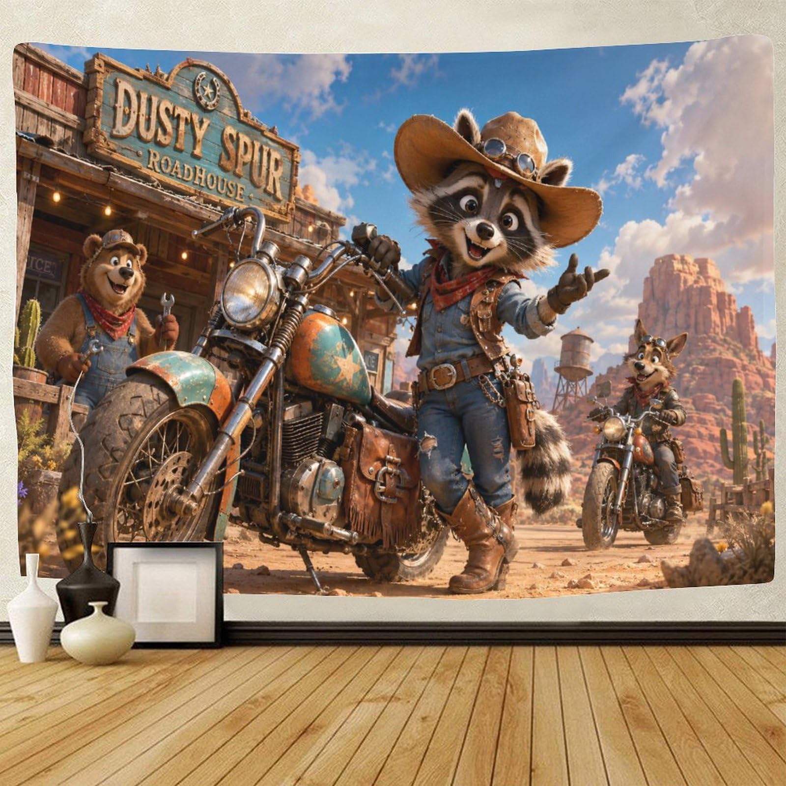 GPMNBCXZK Western Raccoon Cowboy 3D Print Wall Hanging Decor Tapestry for Bedroom Tapestries Home Decoration Curtain Bedroom College Dorm 70cmx100cm