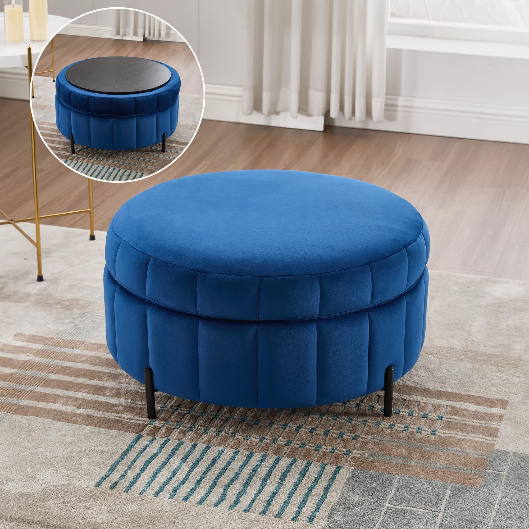 mikibama 31.5" W Round Storage Ottoman for Living Room,Modern Velvet Upholstered Coffee Table with Storage, Channel Tufted Ottomans Foot Rest with