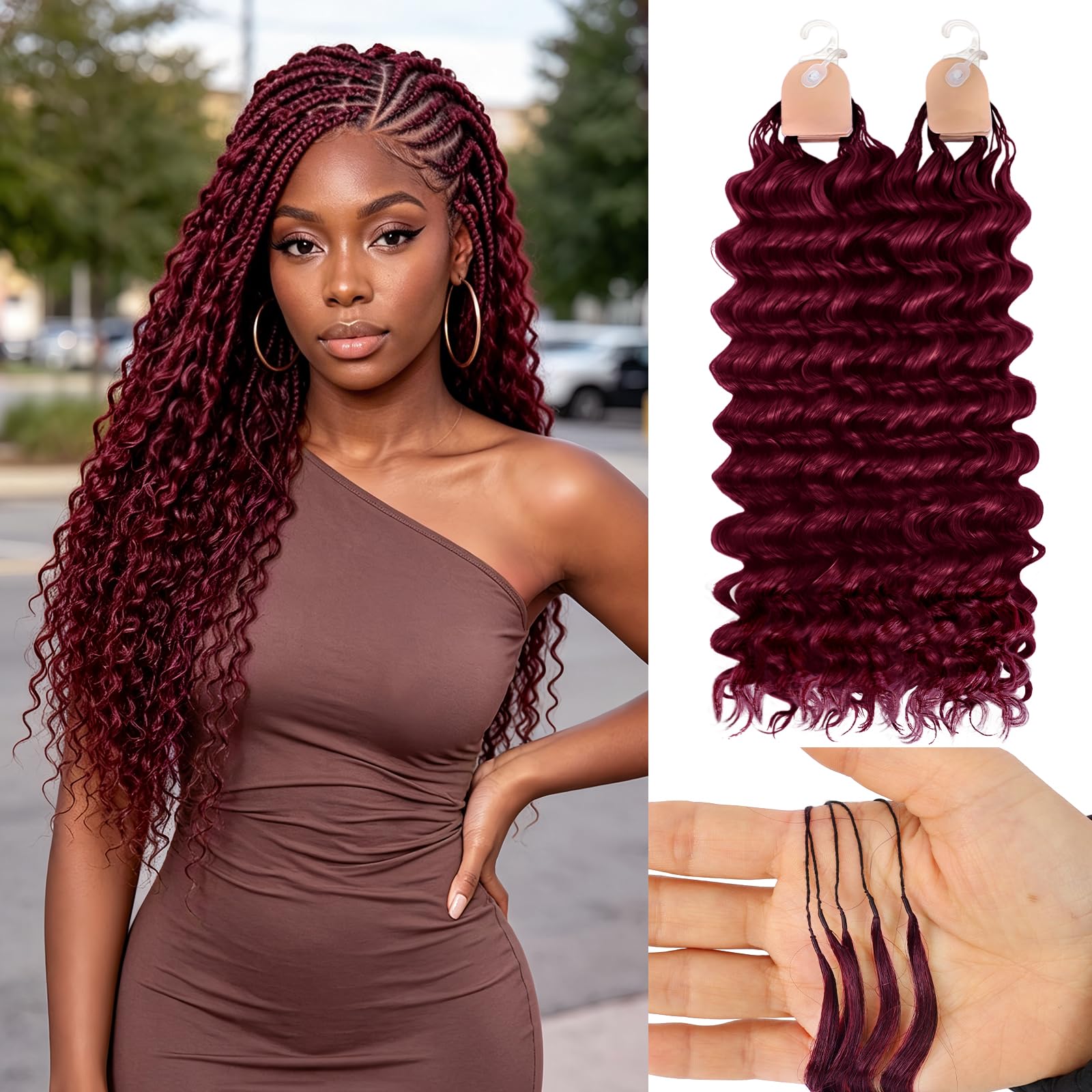 Photo 1 of Human Crochet Hair for Black Women 14 Inch 60g Pre Separated Feather Crochet Human Hair Red Burgundy 99J# Invisible Miracle Knots Hair, Soft Lightweight Deep Wave Texture