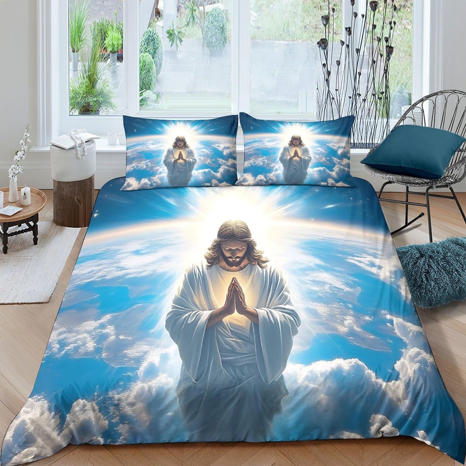 GPLZQXKJNH 3D Printed Heaven Scene Duvet Cover Microfiber Soft Breathable Jesus Praying Quilt Cover Set with 2 Pillowcases for Bedroom Decor Single（135x200cm）