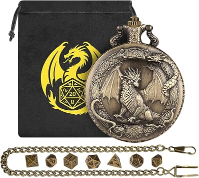 Mini DND Dice Set with Border Standing Dragon Pattern Pocket Watch Shell Case, DND Starter Set, 7pcs Polyhedral Mini Metal Dice Set, D&D Gifts with Gift Bag, Role Playing Board Game Accessories,Bronze