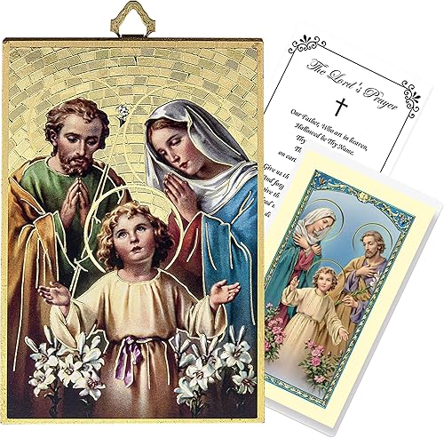 Placa católica con imagen de la Sagrada Familia  Tarjeta de oración laminada de la Sagrada Familia  Oración del Señor  Lámina de oro Imagen de la