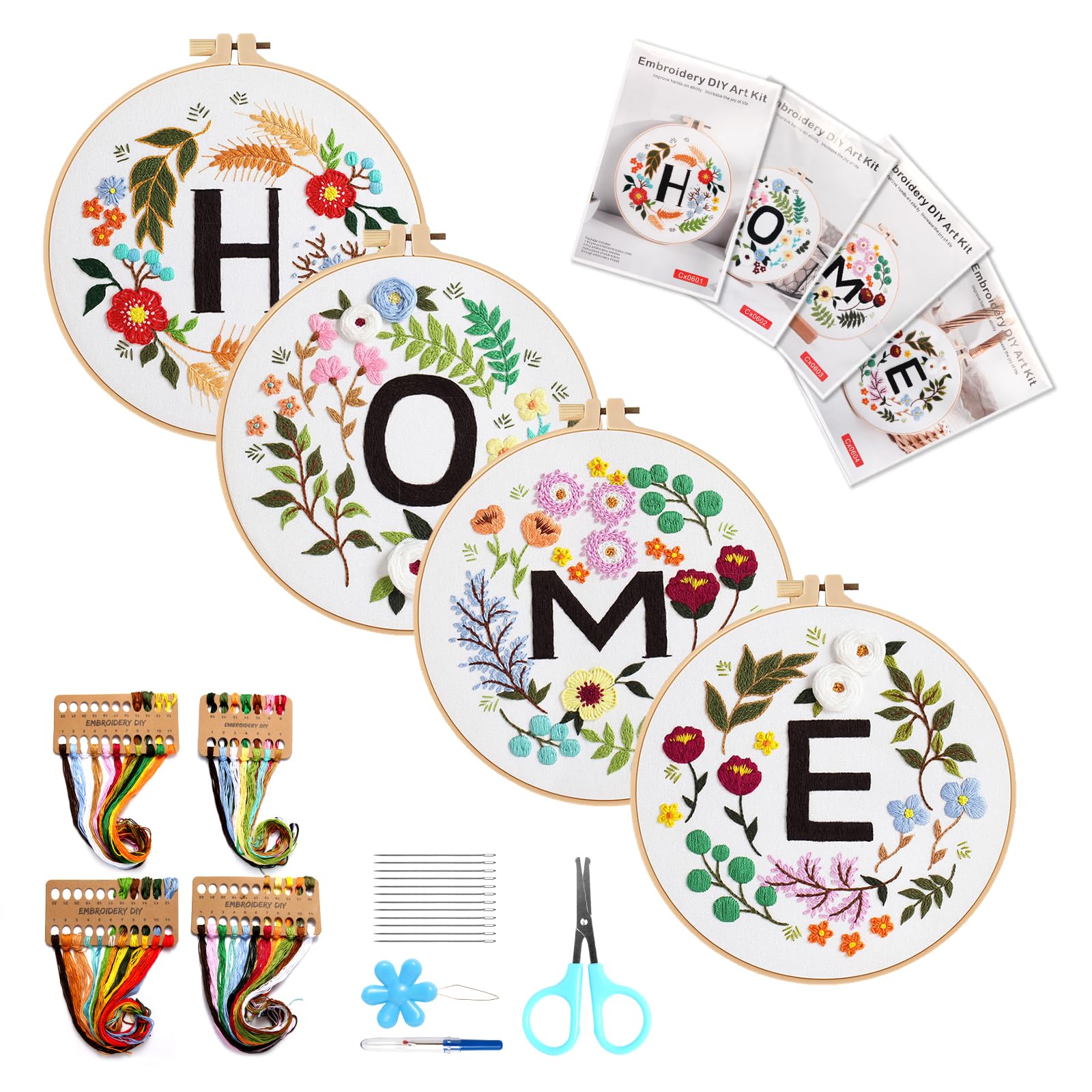 VUEJIC 4PCS Beginner Embroidery Kit for Adults, Cross Stitch Kits for Adult Letter & Flower Pattern, Craft Kits for Beginners Includes Hoop, Color Floss, Tools .(Home)