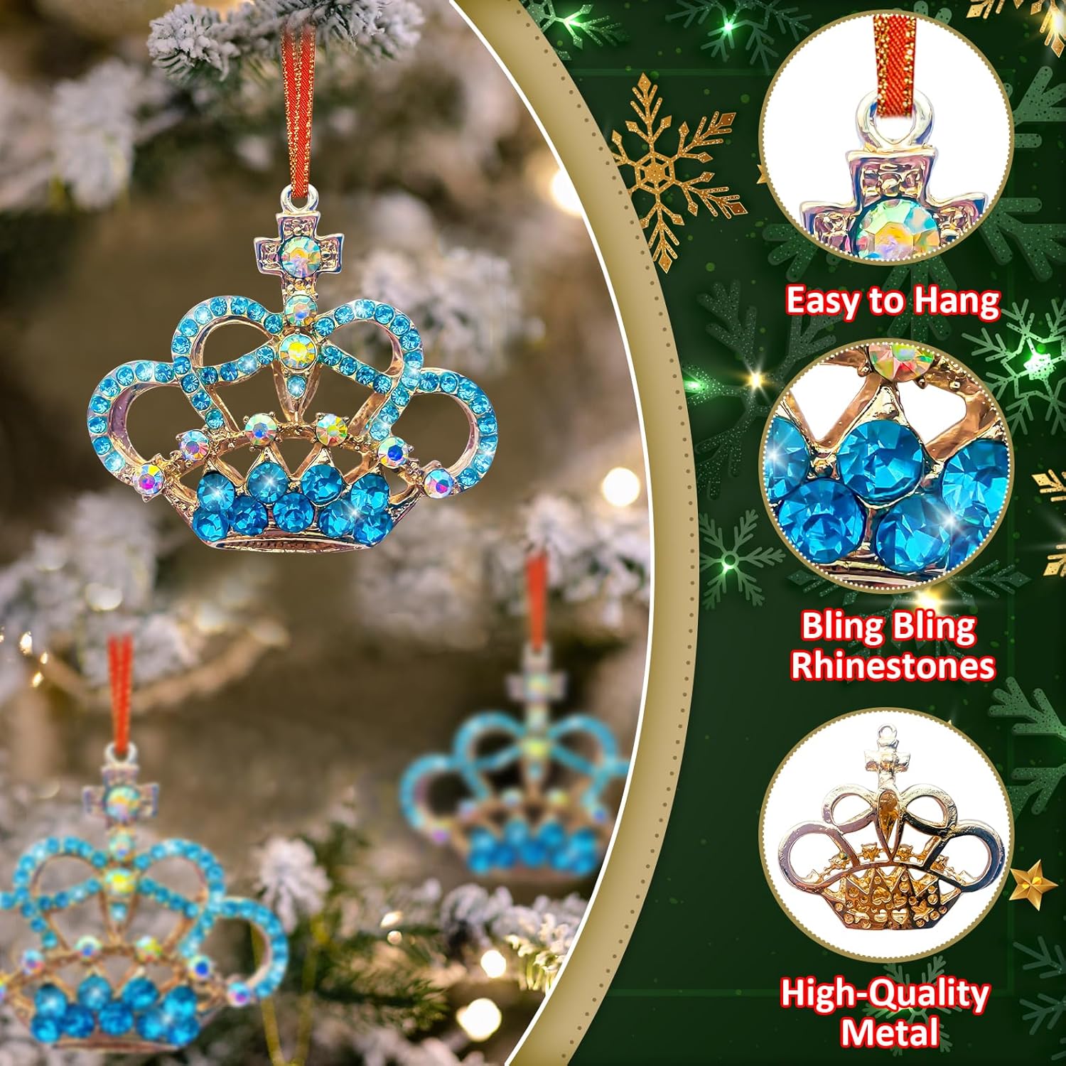 Crown Christmas Ornaments Crown Ornament for Christmas Tree Metal Crown Keepsake Ornaments Princess Blue Crown Ornament for Xmas Tree Home Party Decor Xmas Gift for Girls Woman Couple - Image 2