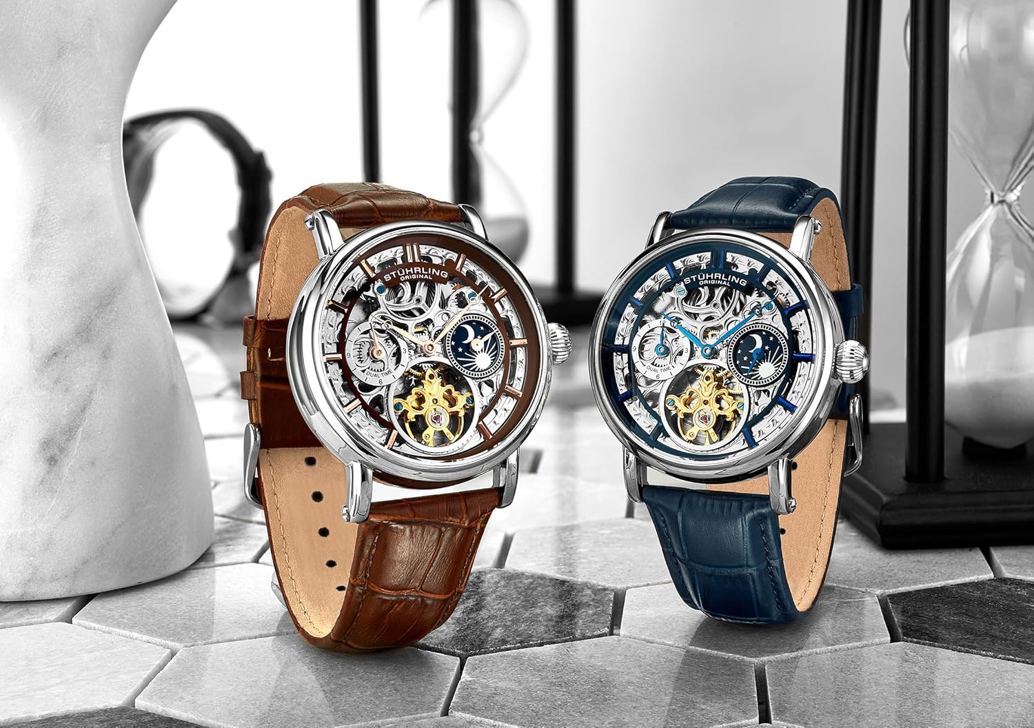 Stuhrling Original Men's Automatic Watch Silver Case, Silver Bezel, Alligator Embossed Genuine Leather Strap