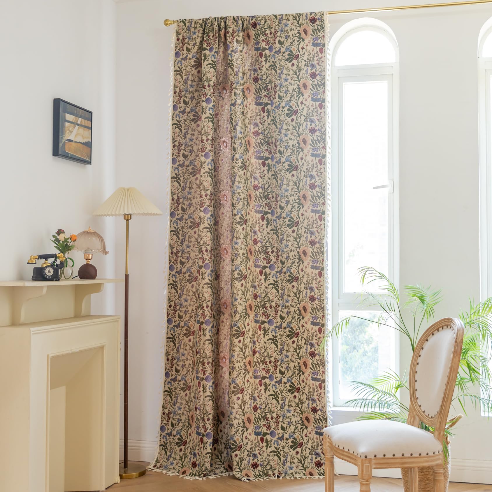 USTIDE Floor Length Sheer Curtains 87 Inch, Dahlia Floral Botanical Jacquard Drapes with Tassels, Light Filtering Rod Pocket Window Panels for Living Room Bedroom Boho Decor, 150x220cm — image 1