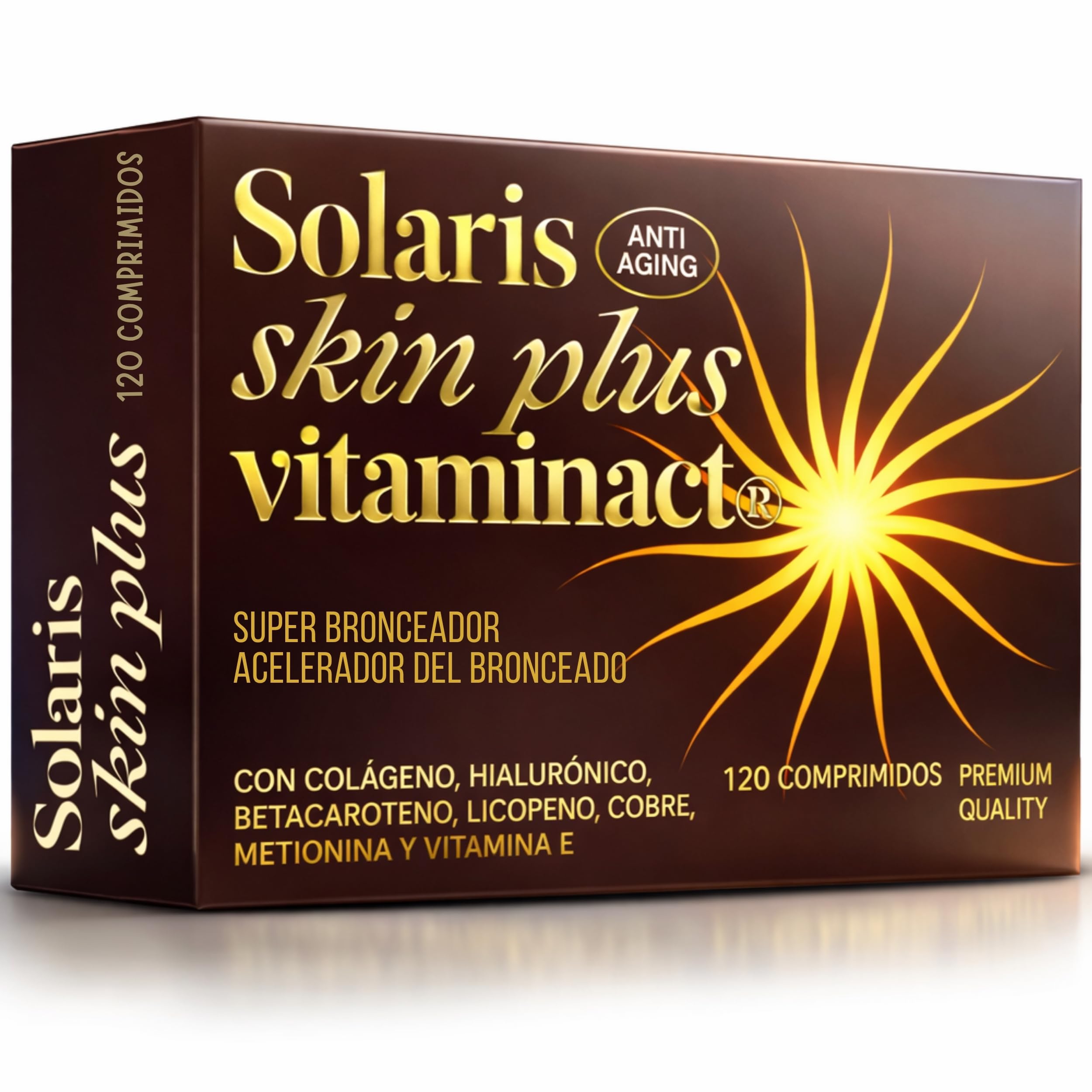 Acelerador del Bronceado con Betacaroteno – Pastillas Bronceadoras – El Único con Colágeno y Ácido Hialurónico – Licopeno, Vitamina E, Cobre y Selenio – 120 Comprimidos – Solaris Skin Plus