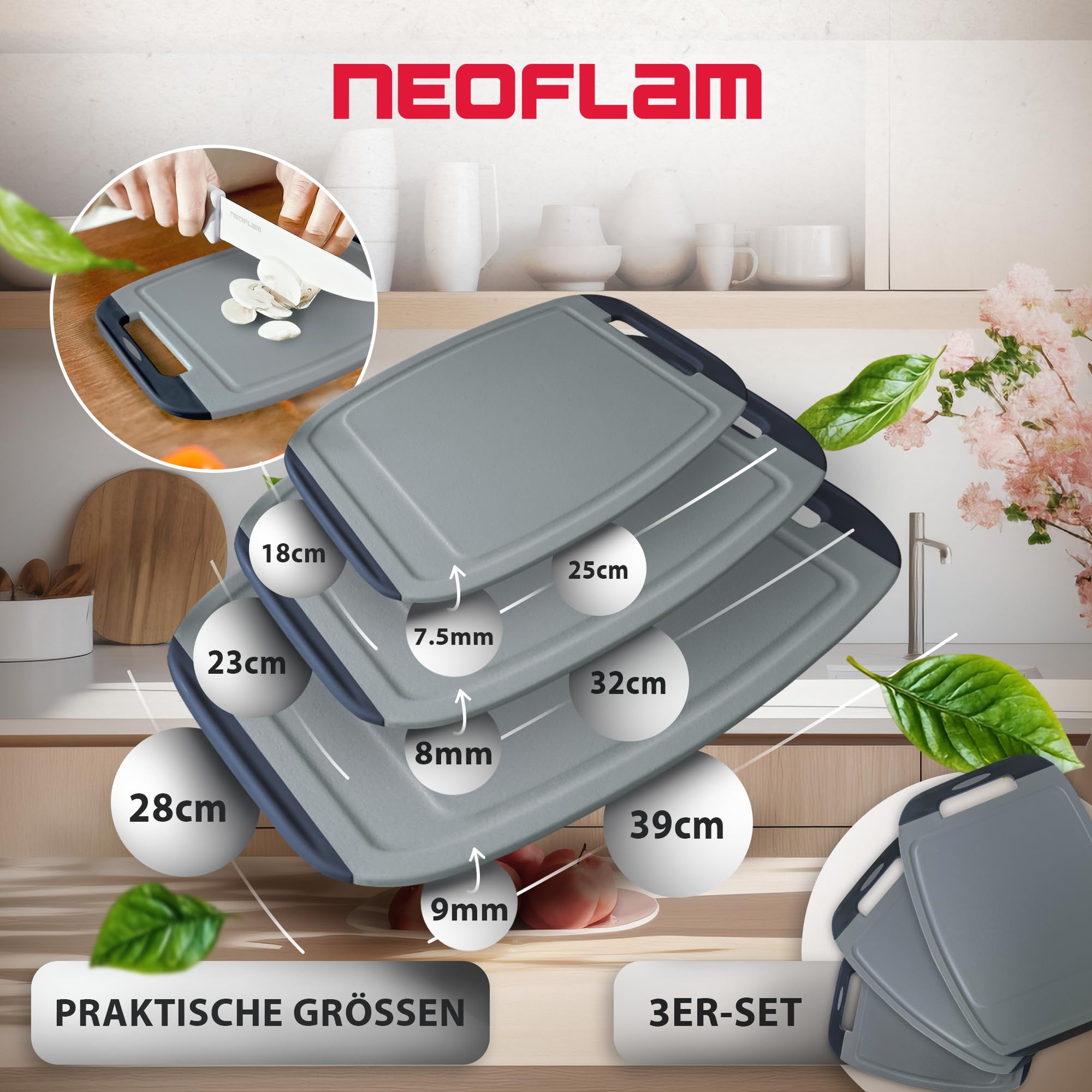 NEOFLAM® Tabla de cortar de plástico grande, mediana y pequeña – Tablas de cortar aptas para lavavajillas, juego de 3 piezas, sin BPA, tabla de cortar con mango y ranura para jugo, antibacteriana con
