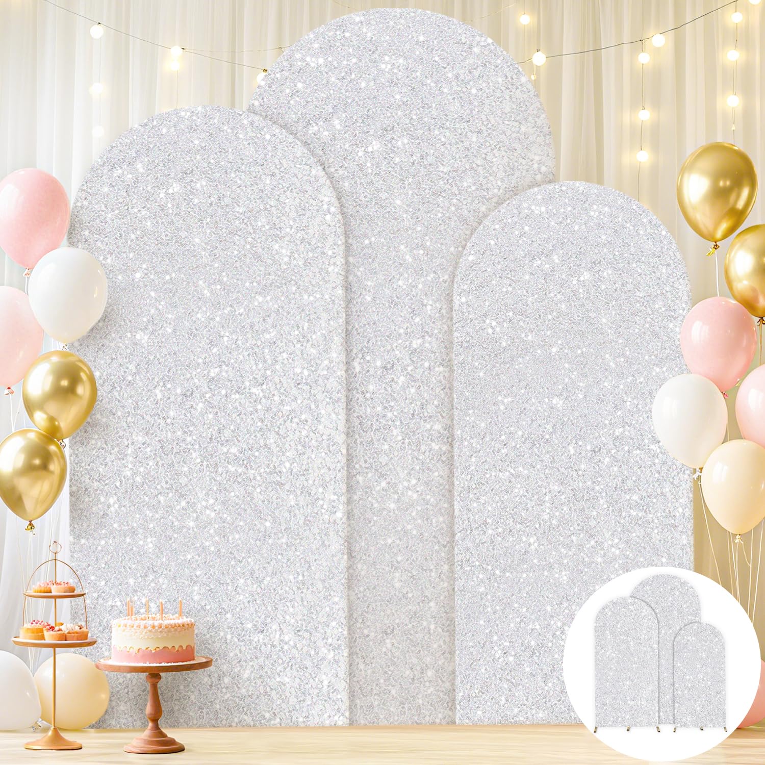 FUHSY Silver Arch Cover Set of 3 Arch Backdrop Cover 7.2FT/6.6FT/6FT Sparkle Sequin Chiara Backdrop Covers Spandex Wedding Arch Stand Covers for Party