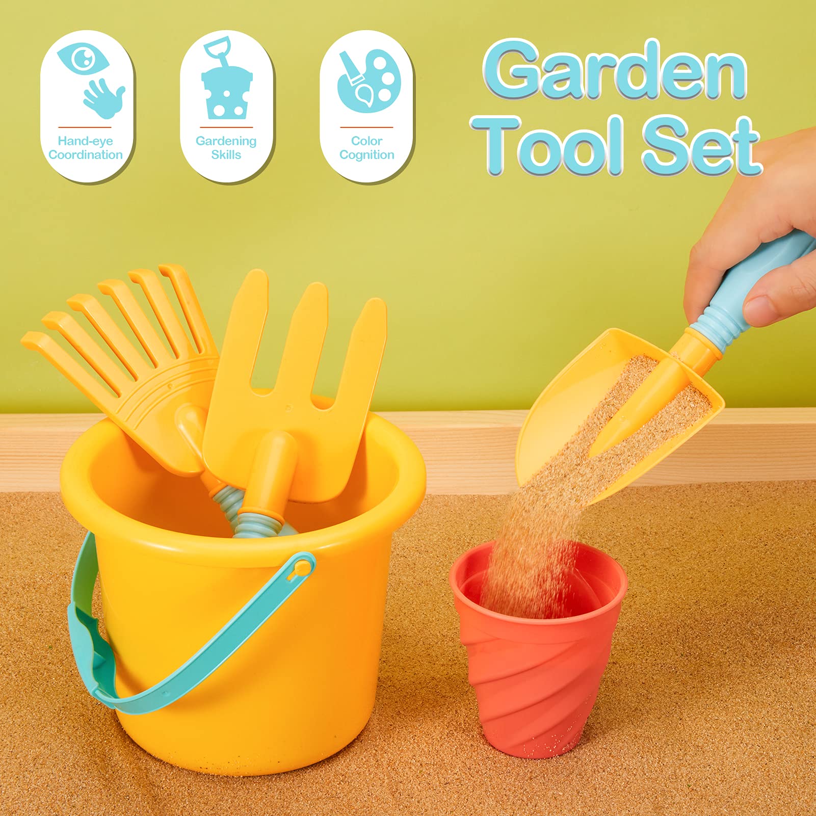 LINFUN KIDS Jeu d'Imitation Outils de Jardinage pour Enfant Jouet de Jardin Sable avec Arrosoir Râteau Pelle, Cadeau pour Enfants Garcon Fille 3+ Ans