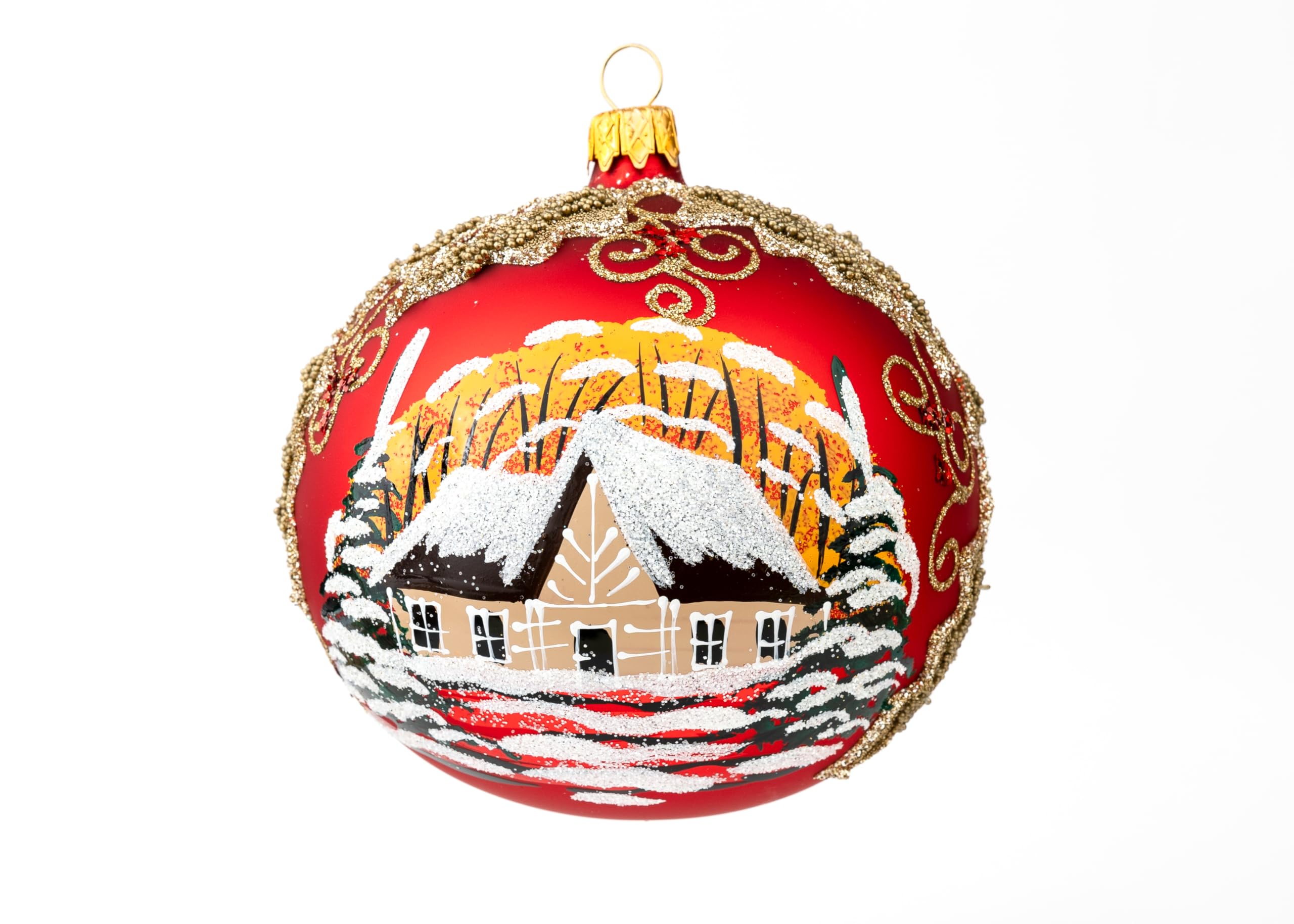 Bola de cristal soplado pintada a mano con diseño de Navidad, color rojo, tamaño mediano, 120 mm, hojas de muérdago