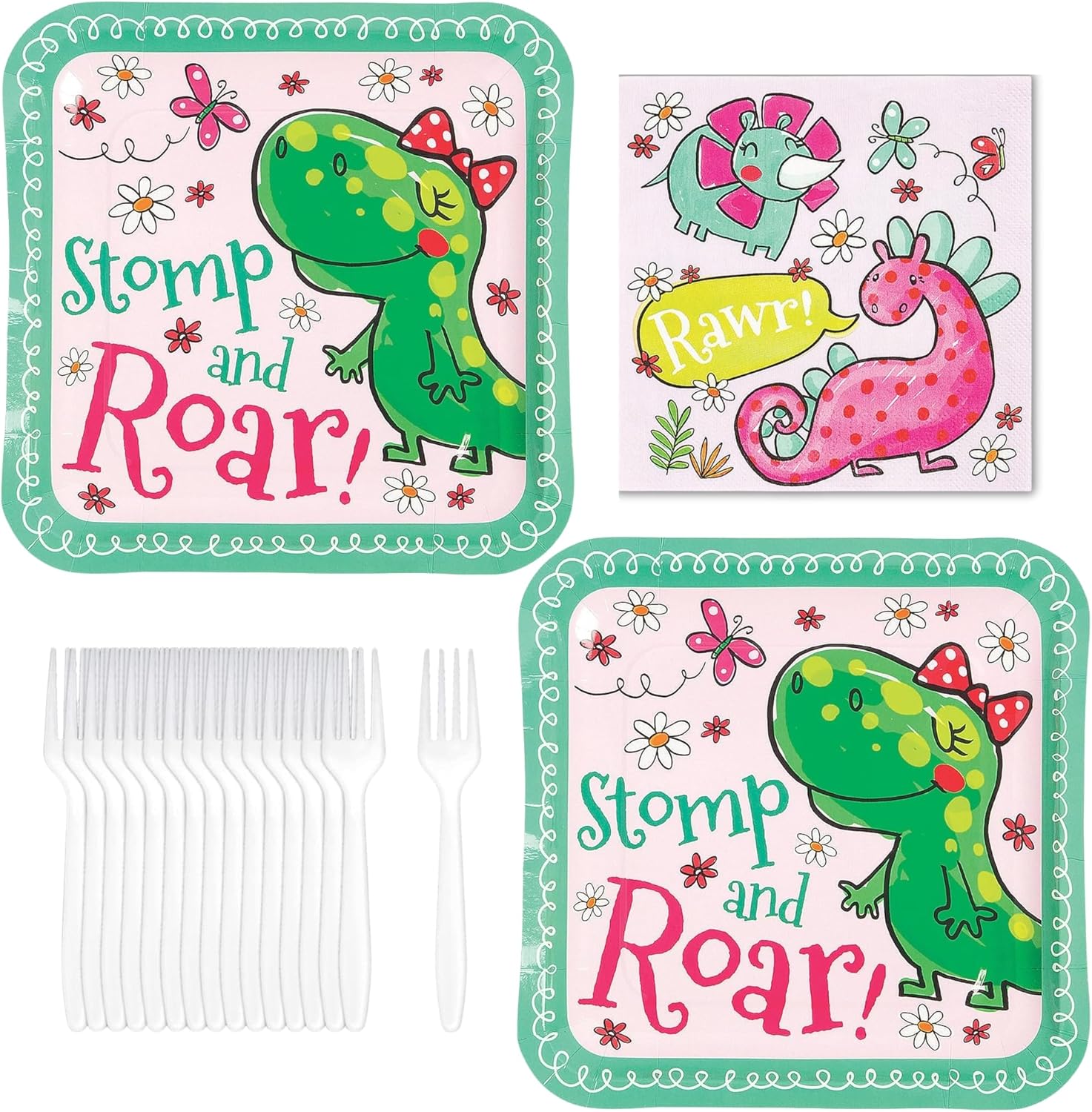 Girl Dinosaur Party Supplies - Mint Green & Pink Dino Square Paper Dinner Plates, Napkins, and Forks (16 Plates, Napkins, & Forks)