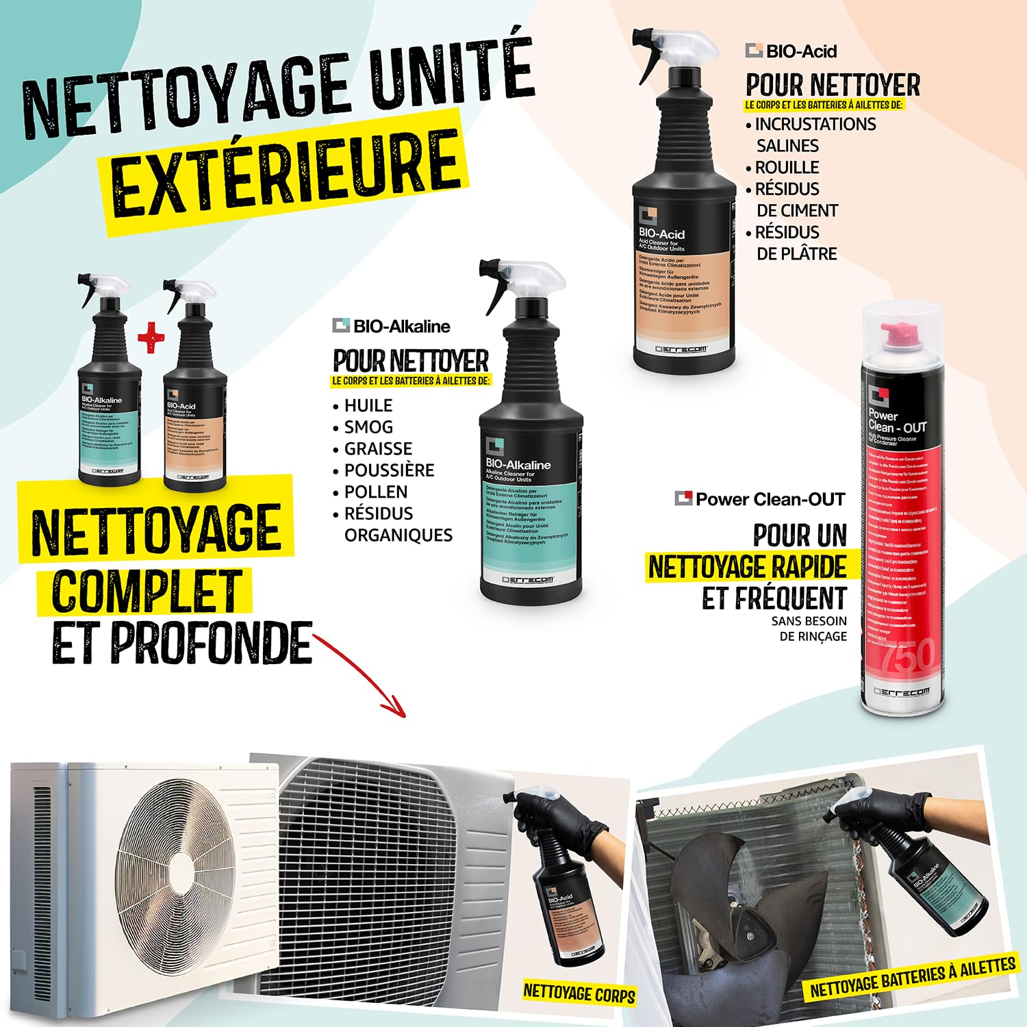 Errecom Kit nettoyage complet climatisation, avec Clima-Net 1L et housse Wally pour unité intérieure et filtres, Bio-Acid et Bio-Alkaline 2L détergents pour unité extérieure, gants