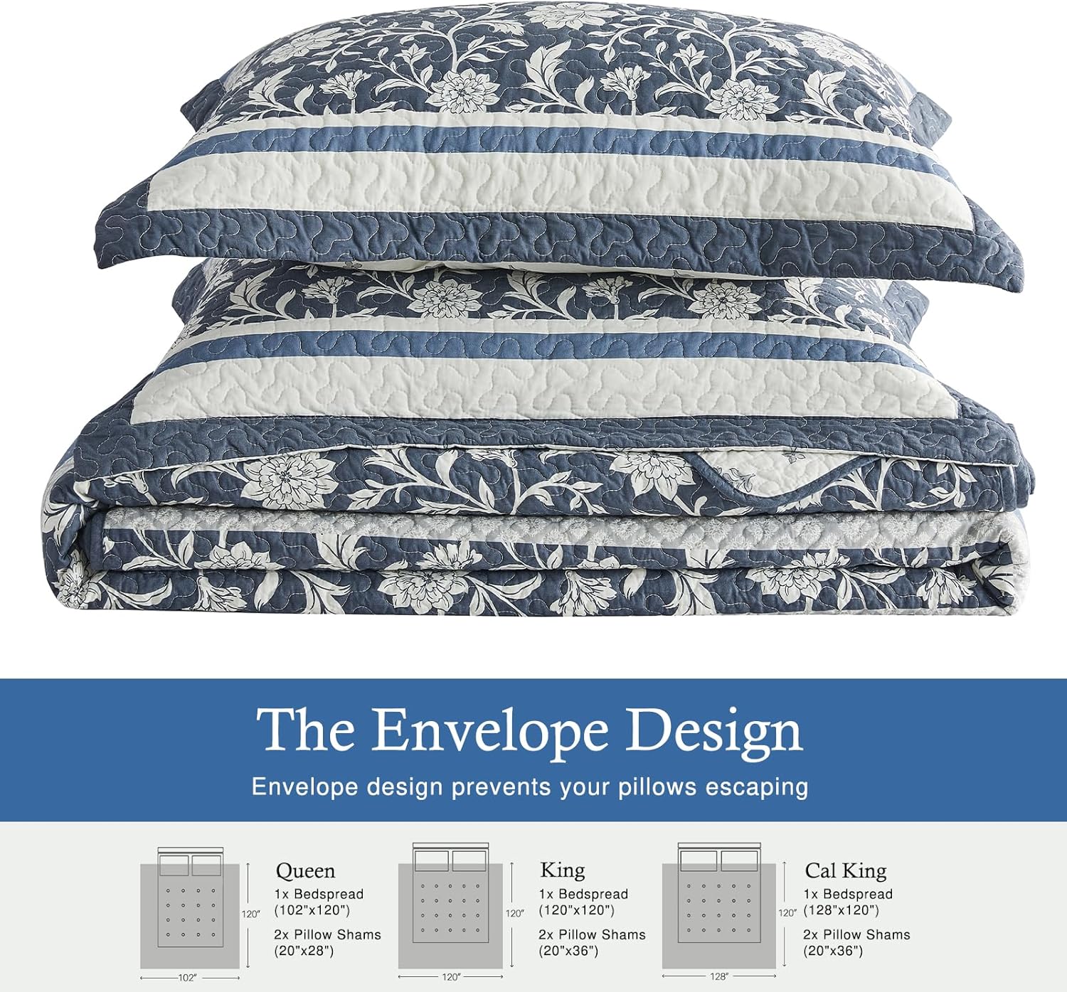 100% Cotton Oversized King Size Bedspread 120"x120" - Farmhouse Lightweight Cal Quilt with 2 Pillowshams, Reversible Floral Striped Quilted Bedding Coverlet Set, 3 Pcs, Navy/White/Grey