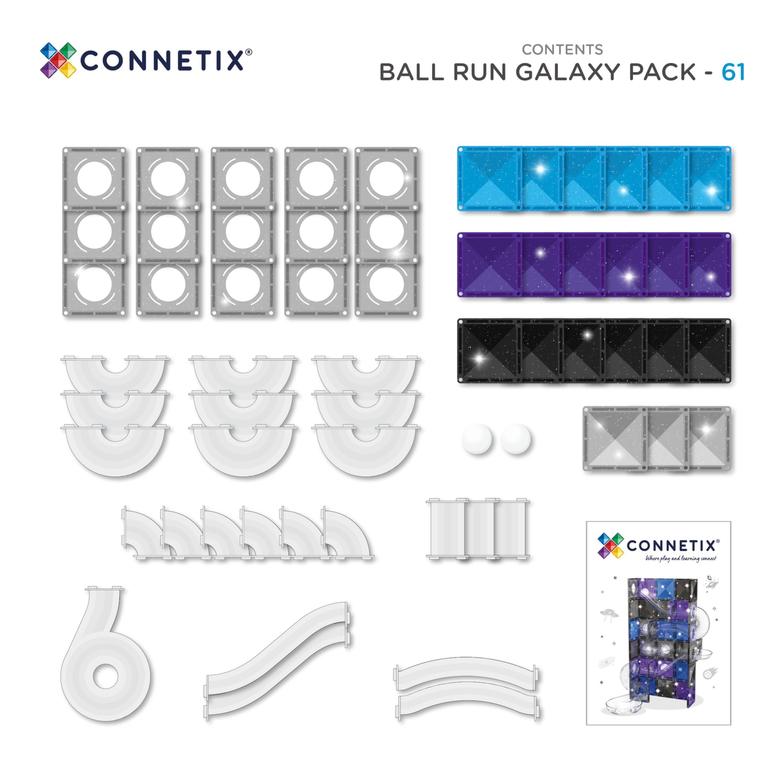 CONNETIX Magnetische Bausteine Kugelbahn Galaxie Pack, 61 Stück | Erschaffe funkelnde, weltraum-inspirierte Kugelbahnen mit Leuchtkugeln, Glitzerfliesen und klaren Röhren. Ab 3 Jahren.