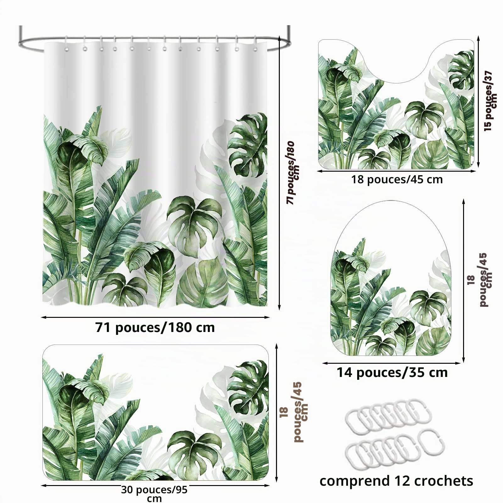 AIBIIN Lot de 4 rideaux de douche motif feuilles de palmier tropicales avec tapis antidérapant, housse d'abattant de toilette et tapis de bain, rideaux de bain modernes pour décoration de salle de
