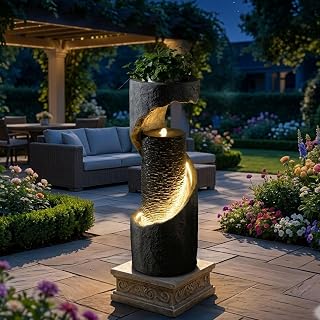 35.5" Tall Outdoor Water Fountain with LED Lights, Resin Cascading Waterfall Feature, Large Indoor/Outdoor Garden Fountains for Patio, Backyard, Porch and Home Decor