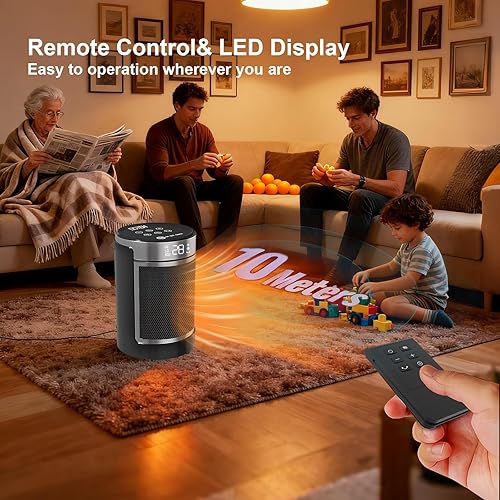 Miniatura 8 de OSTBA Calentador de espacio, calentador eléctrico de 1500 W con termostato y ecológico (59-95 F), oscilación de 70, control remoto y temporizador de