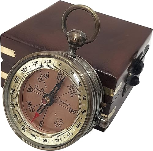 Miniatura 4 de Brújula de bolsillo de latón macizo magnético antiguo direccional vintage con caja de madera hecha a mano