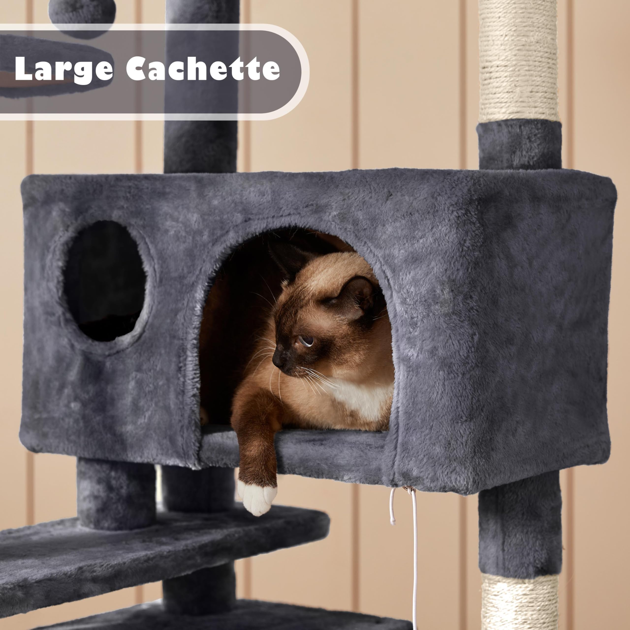 Yaheetech Arbre à Chat 139 cm, Arbre à Grimper avec 2 Niches 3 Plateformes 2 Boules en Sisal Multi-Niveaux Idéal pour 3-4 Chats, Gris Foncé