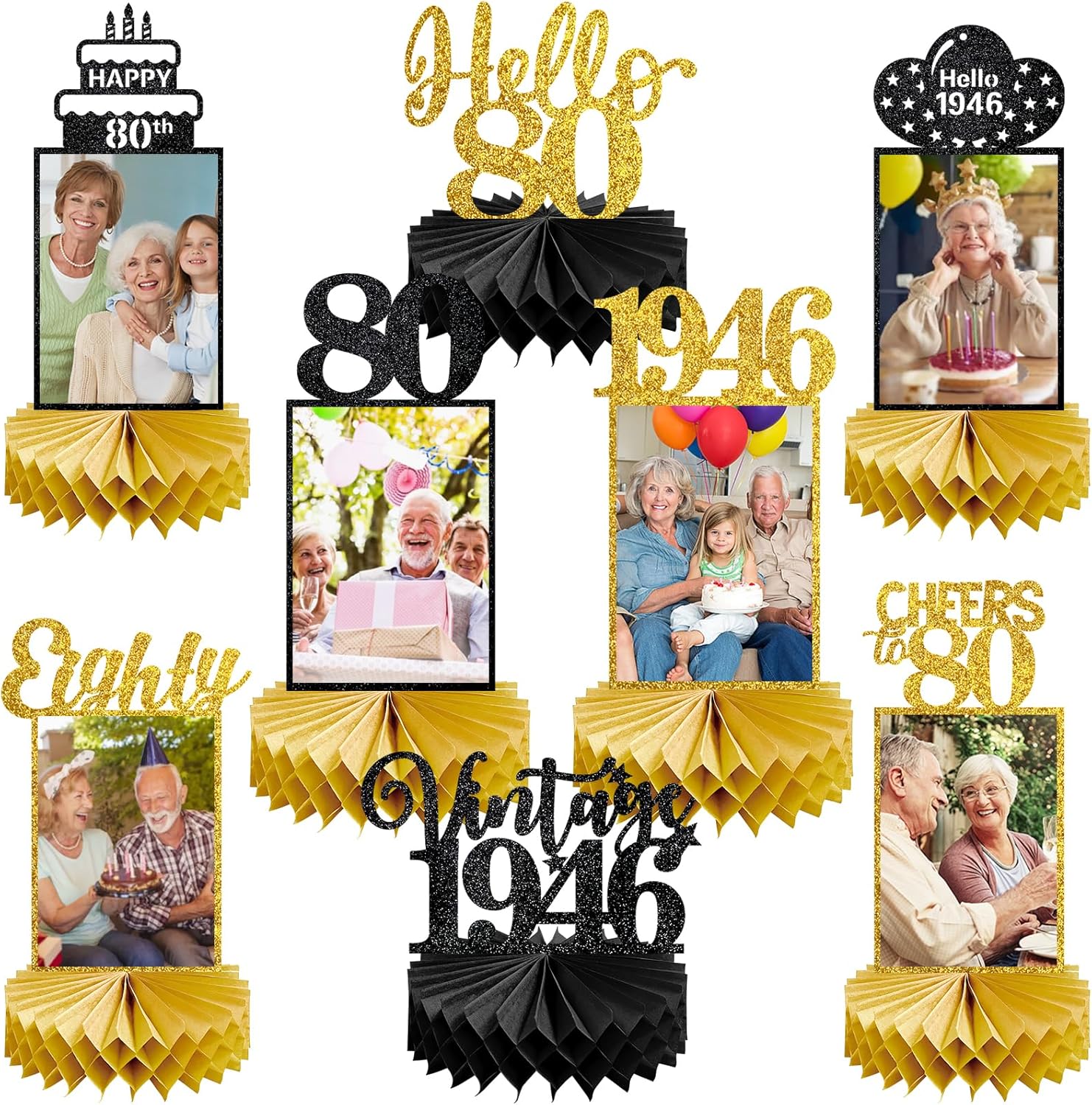 Eucutur 8Pcs 80th Birthday Decorations Honeycomb Centerpieces for Women Men, Black Gold Vintage 1946 80th Bday Photo Table Centerpieces Party Supplies, Glitter Cheers to 80 Year Old Bday Table Topper