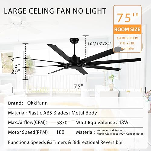 Miniatura 4 de Ventilador de techo industrial de 75 pulgadas sin luz, ventilador de techo DC Motor Shop con control remoto, silencioso, ventiladores de techo