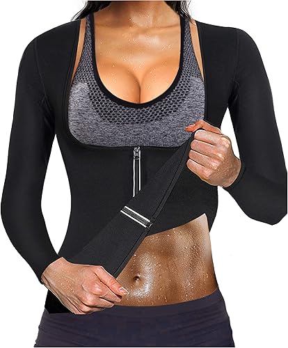 Gotoly Camiseta de neopreno caliente para mujer, traje de sauna, chaqueta moldeadora de cuerpo, con cremallera, manga larga Gotoly Camiseta de neopreno caliente para mujer, traje de sauna, chaqueta moldeadora de cuerpo, con cremallera, manga larga
